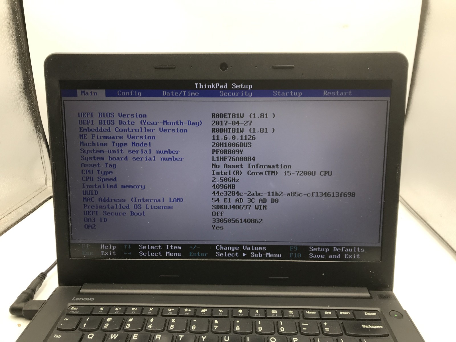 LENOVO THINKPAD E470 – BOOTS TO BIOS – INTEL I5 7TH GEN – NO RAM – READ DESC -BB