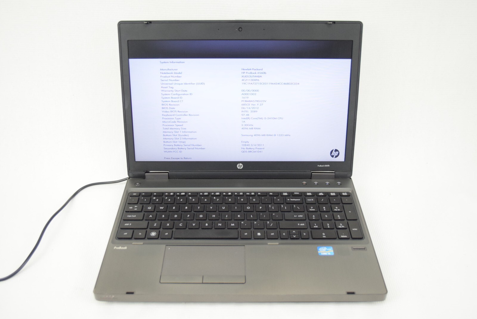 HP 6560b Intel Core i5-2410M 2.30 GHz 4GB Laptop Computer NO HDD NO OS