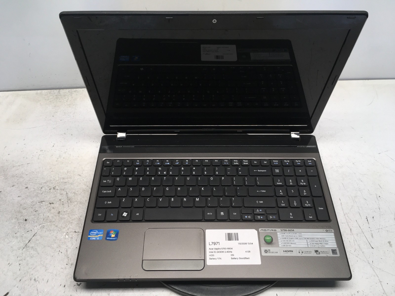 Acer Aspire 5750-6634 Intel i5-2430M 2.4GHz 4 GB NO HDD