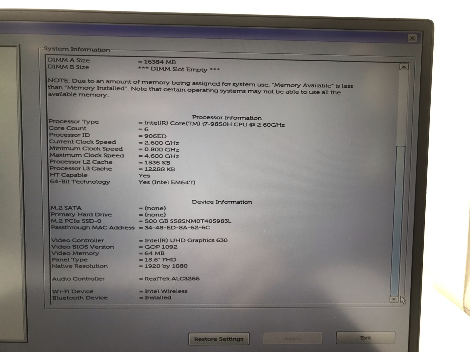 DELL PRECISION 5540 15″ i7 2.6GHz 16GB RAM 512GB–GRADE D
