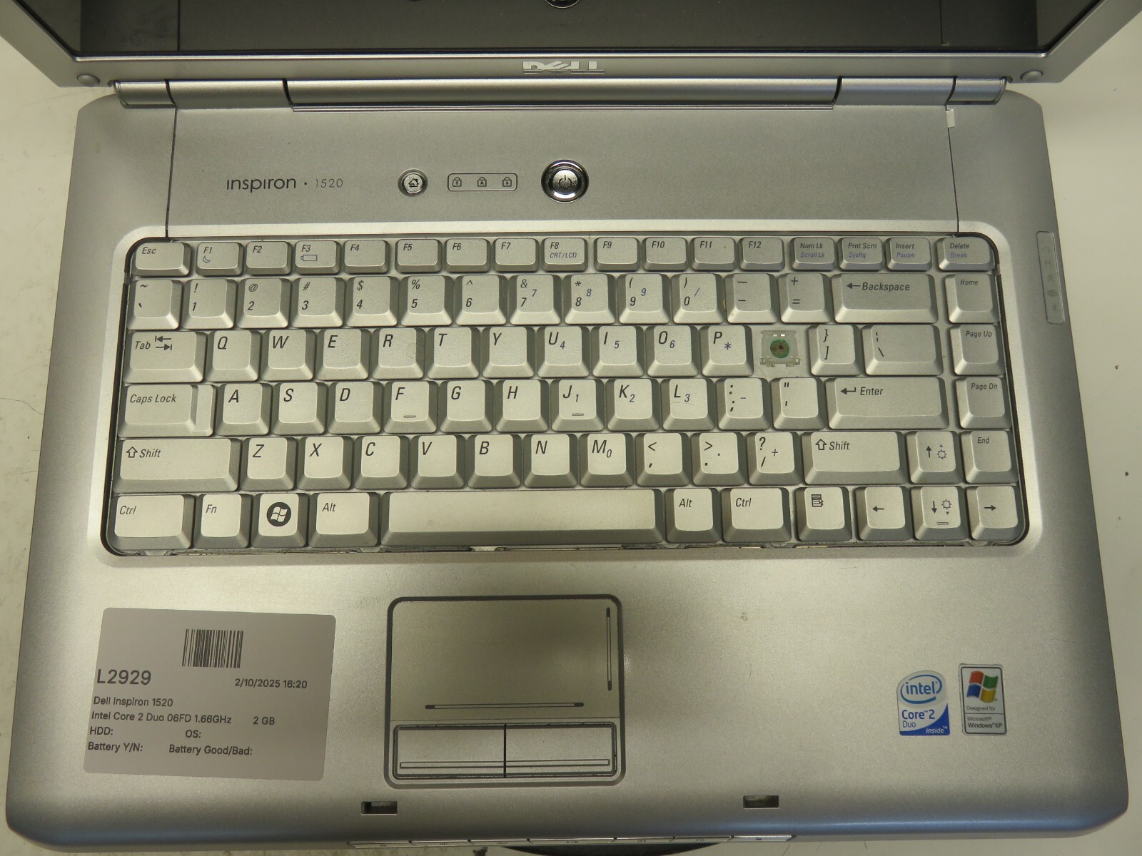 Dell Inspiron 1520 Intel Core 2 Duo 06FD 1.66GHz 2 GB NO HDD No Batt