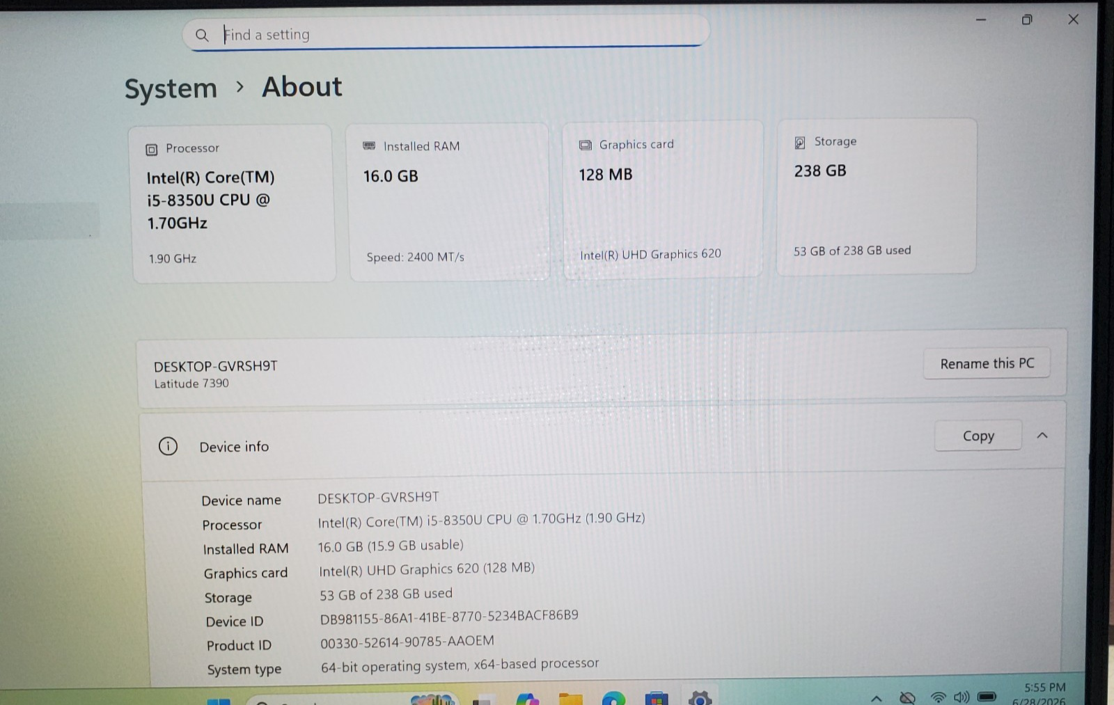 Dell Latitude 7390 13.3″/ i5-8350U/ 16G Ram/ 256G M.2 SSD /Win11Pro / Bklit KB