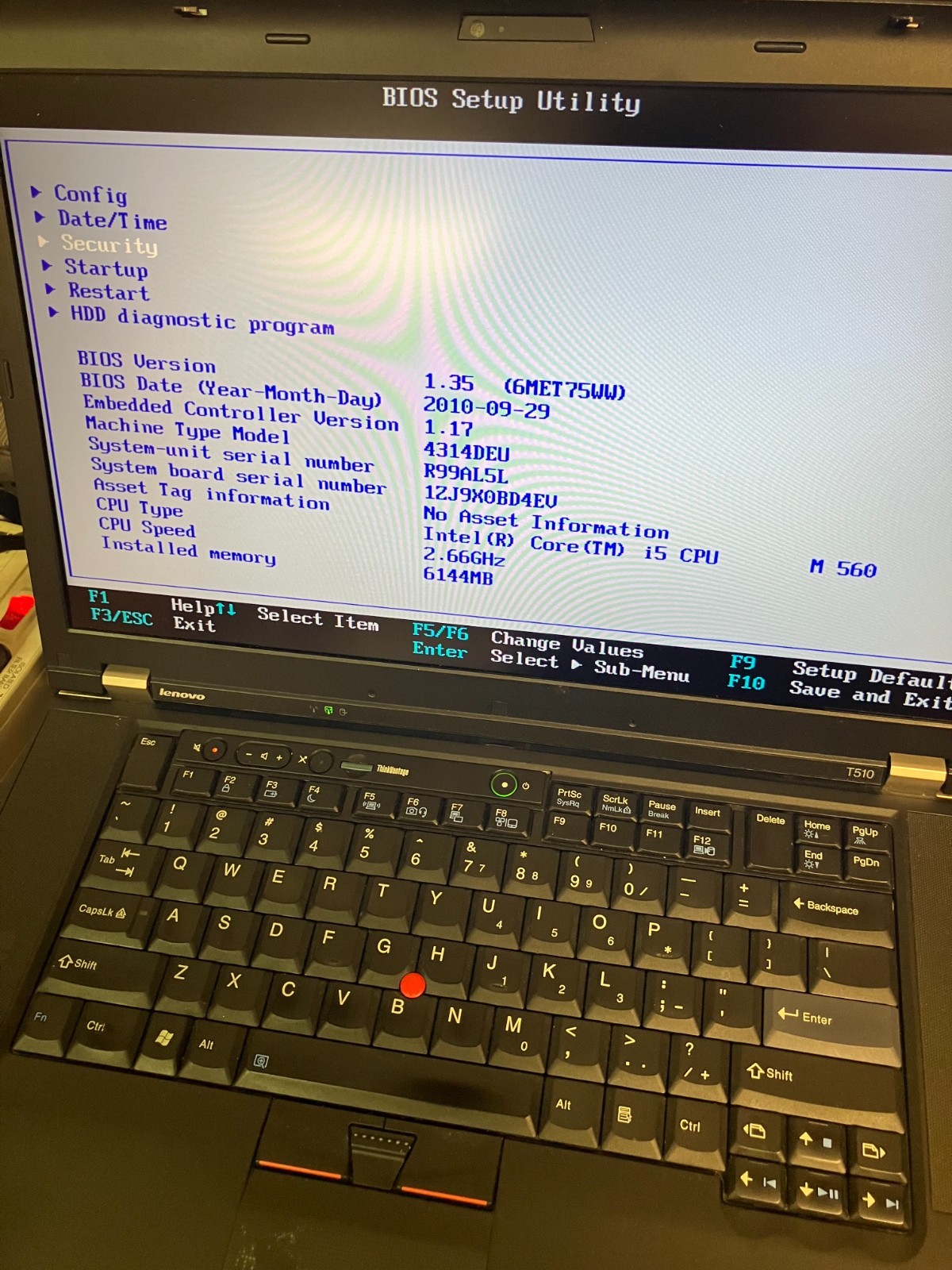 LENOVO THINKPAD T510 – BOOTS TO BIOS – INTEL I5 M560 – 6GB RAM – 320gb HD