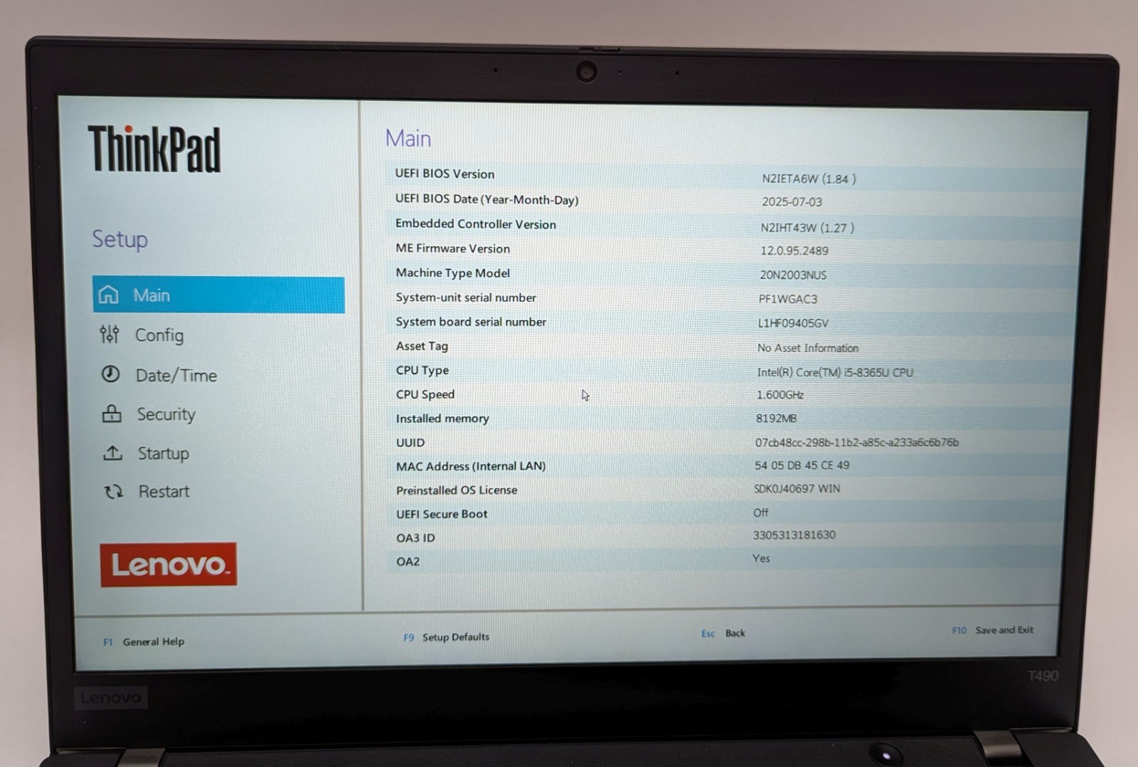 Lenovo ThinkPad T490 14″ Laptop i5-8365U 1.60GHz 8GB RAM 256GB NVMe Windows 11