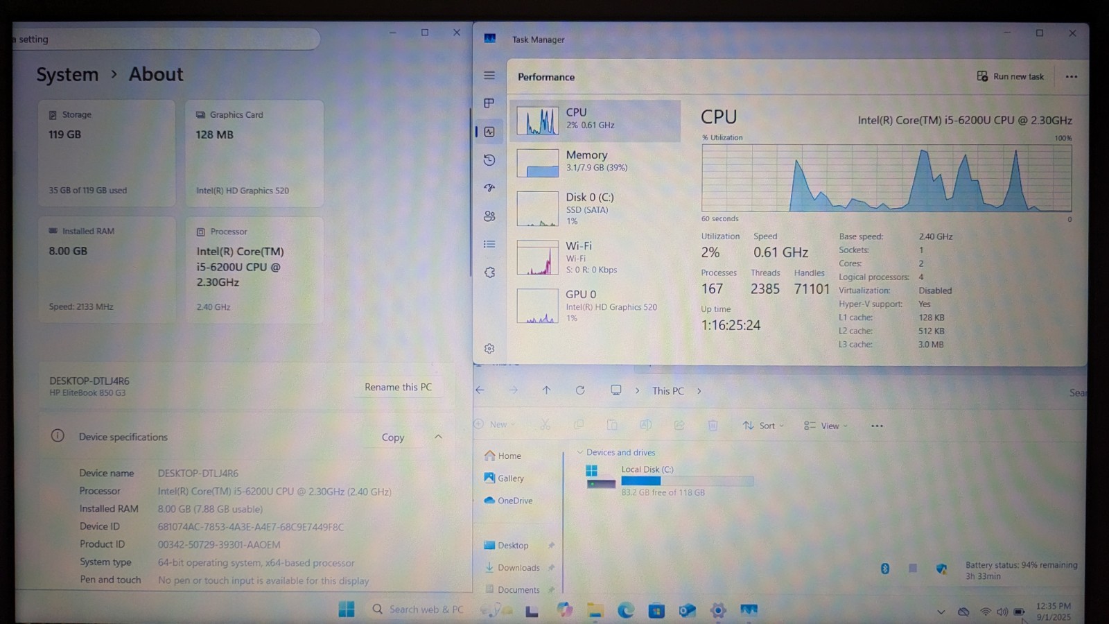 HP EliteBook 850 G3 15.6″ i5-6200U 2.30GHz 8GB RAM 128GB SSD Win 11 Pro