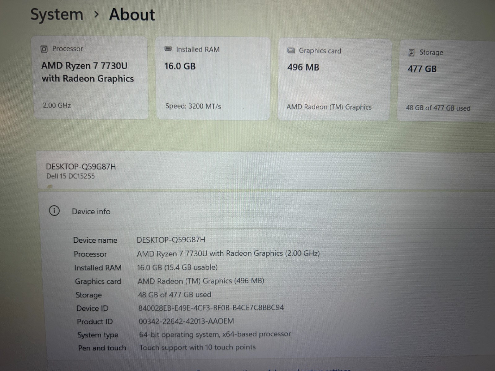 DELL 15 DC15255 G8MK9, AMD Ryzen 7 7730U, 2.00 GHz, 16 GB RAM, 512 GB NVMe SSD