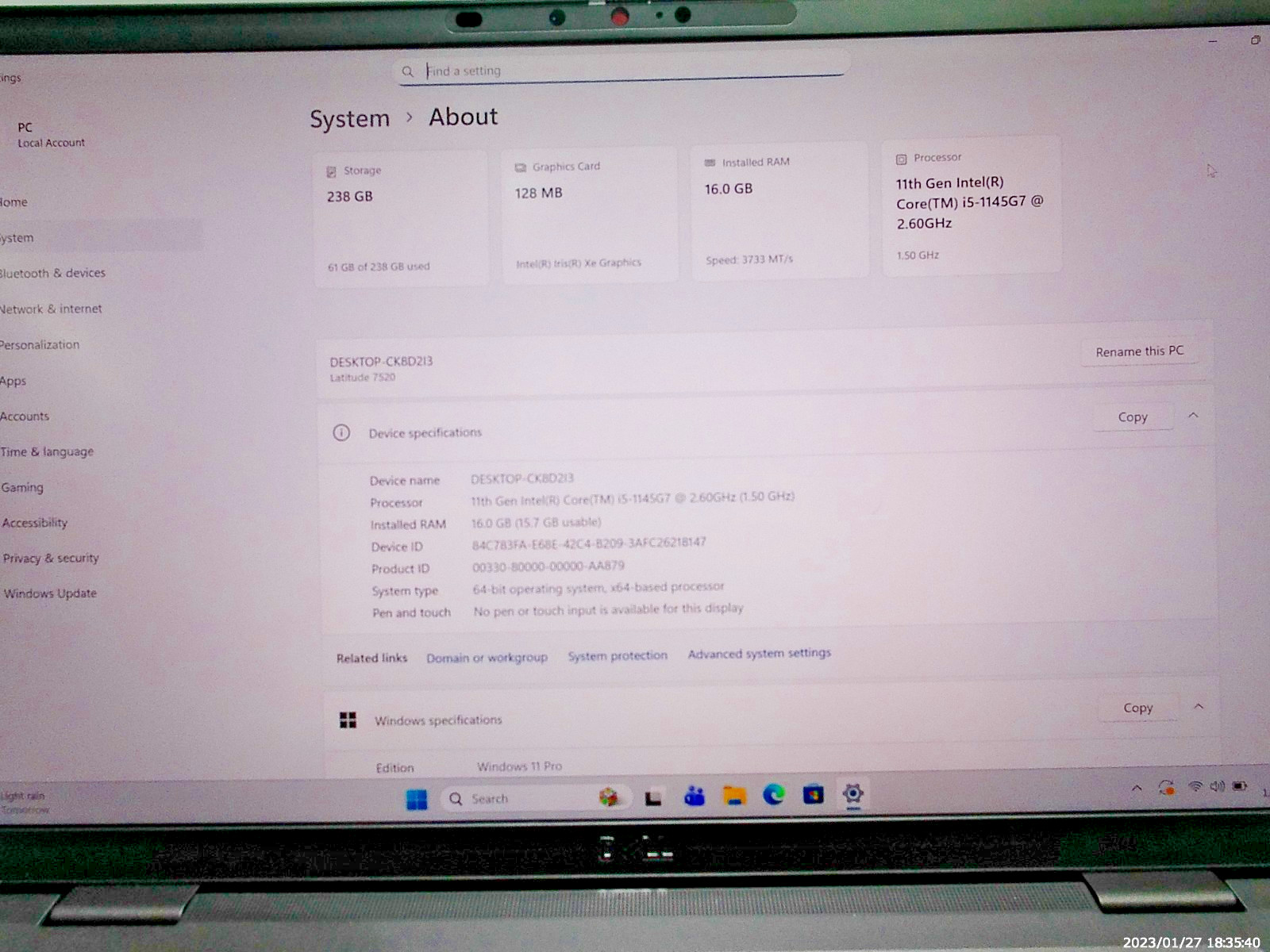 Dell Latitude 7520 – i5-1145G7 – 16 GB RAM – 256GB NVMe – Win 11 Pro