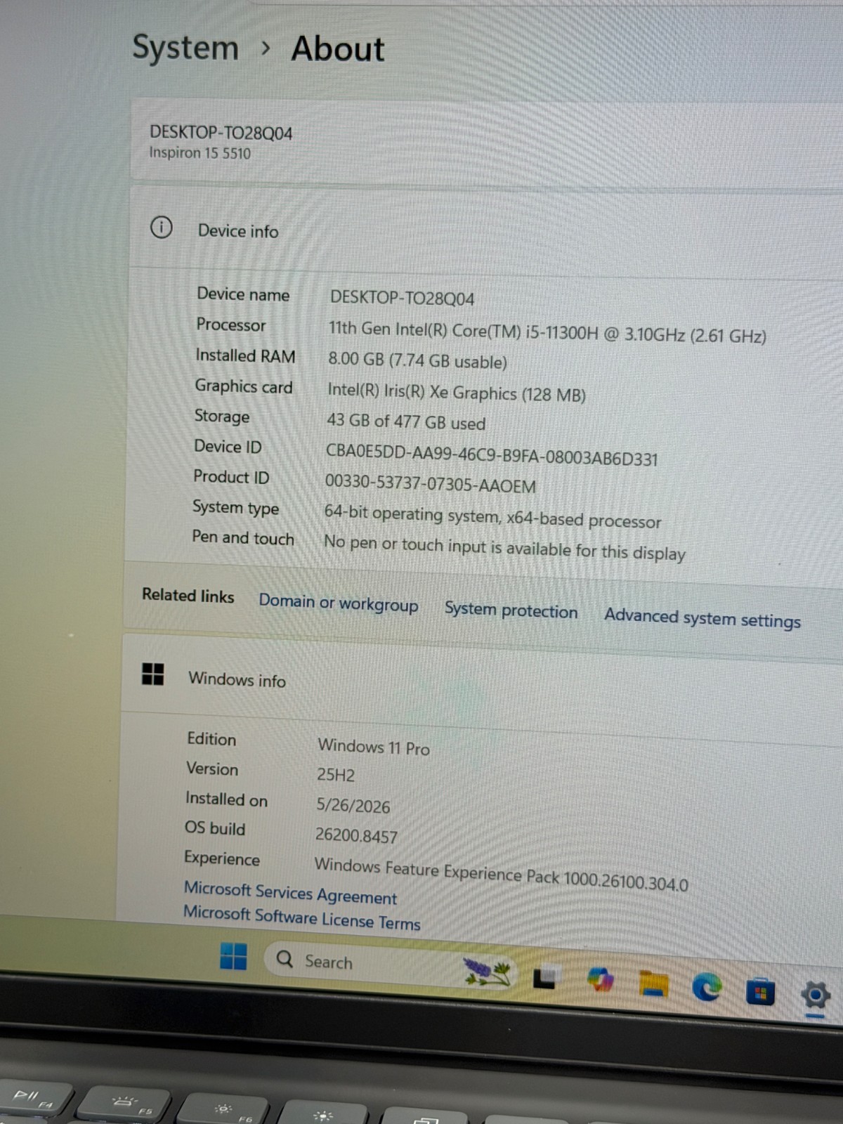DELL INSPIRON 15 5510 i5-11300H@3.10GHz 8GB RAM 512GB M.2 NVMe W11P