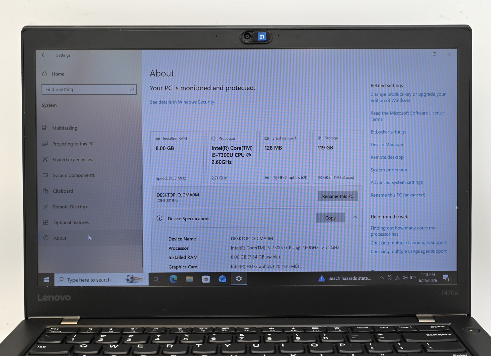 Lenovo Thinkpad T470s i5-7200u 2.6GHz 8GB RAM 128GB SSD Windows 10 Pro