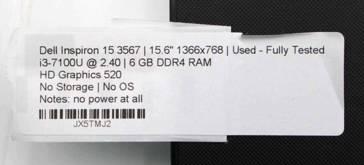 Dell Inspiron 15 3567 i3-7100U@2.4GHz 6GB DDR4 NO STORAGE/OS *PARTS/REPAIR*