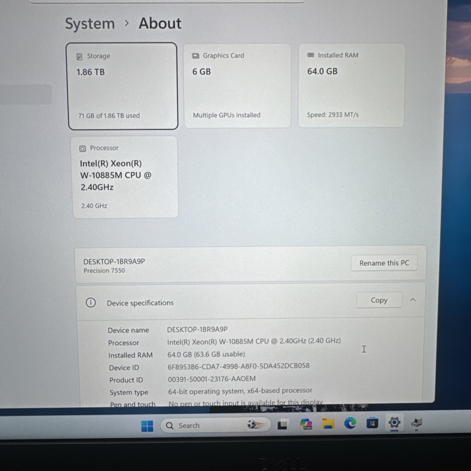 Dell Precision 7550 15.6” Xeon W-10885M 2TB SSD 64GB RTX 3000 4K Win 11