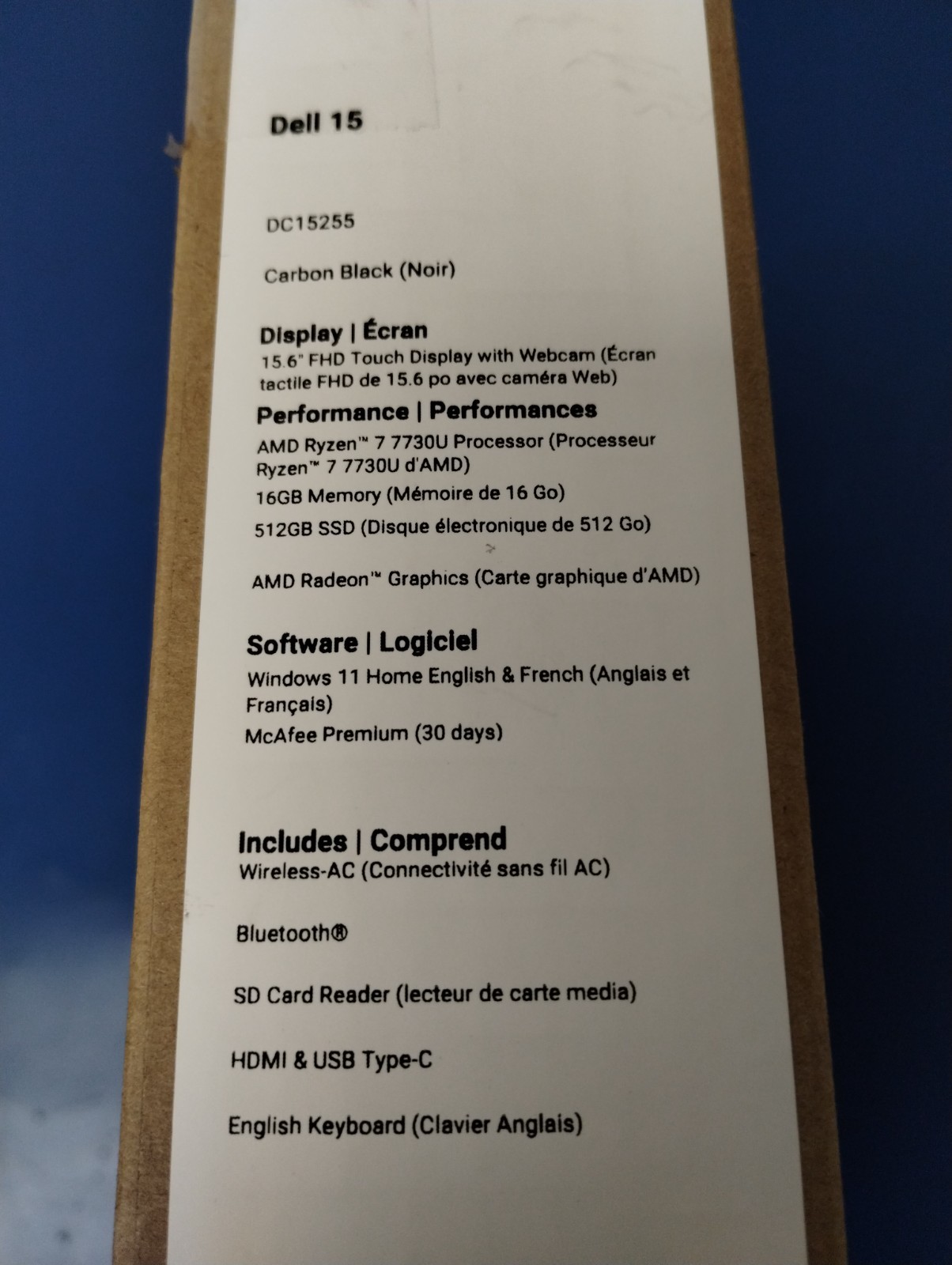 DELL 15 DC15255 G8MK9, AMD Ryzen 7 7730U, 2.00 GHz, 16 GB RAM, 512 GB NVMe