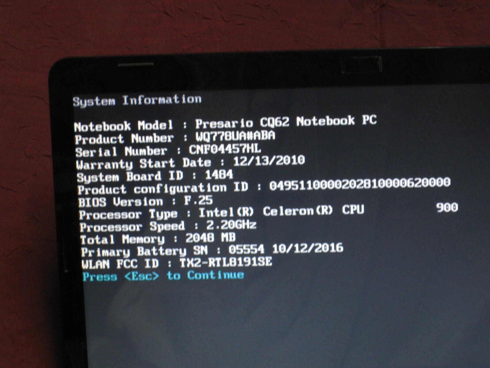 HP Compaq Presario CQ62 Laptop Celeron 900 @2.2GHz 2GB RAM – NO HD – NO OS