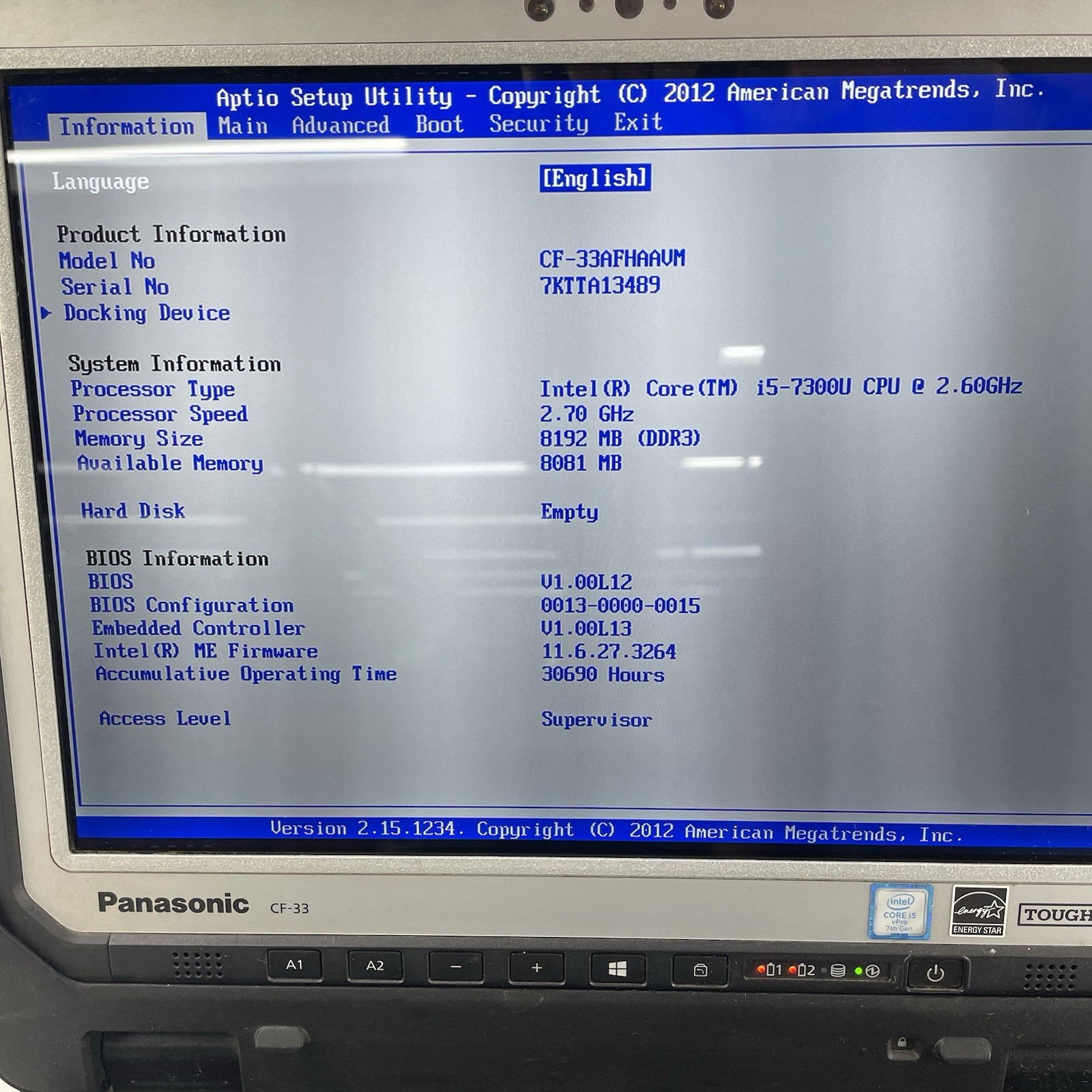 Panasonic CF-33 12″ i5-7300U 2.60 GHz 8 GB RAM No SSD/OS/AC – READ