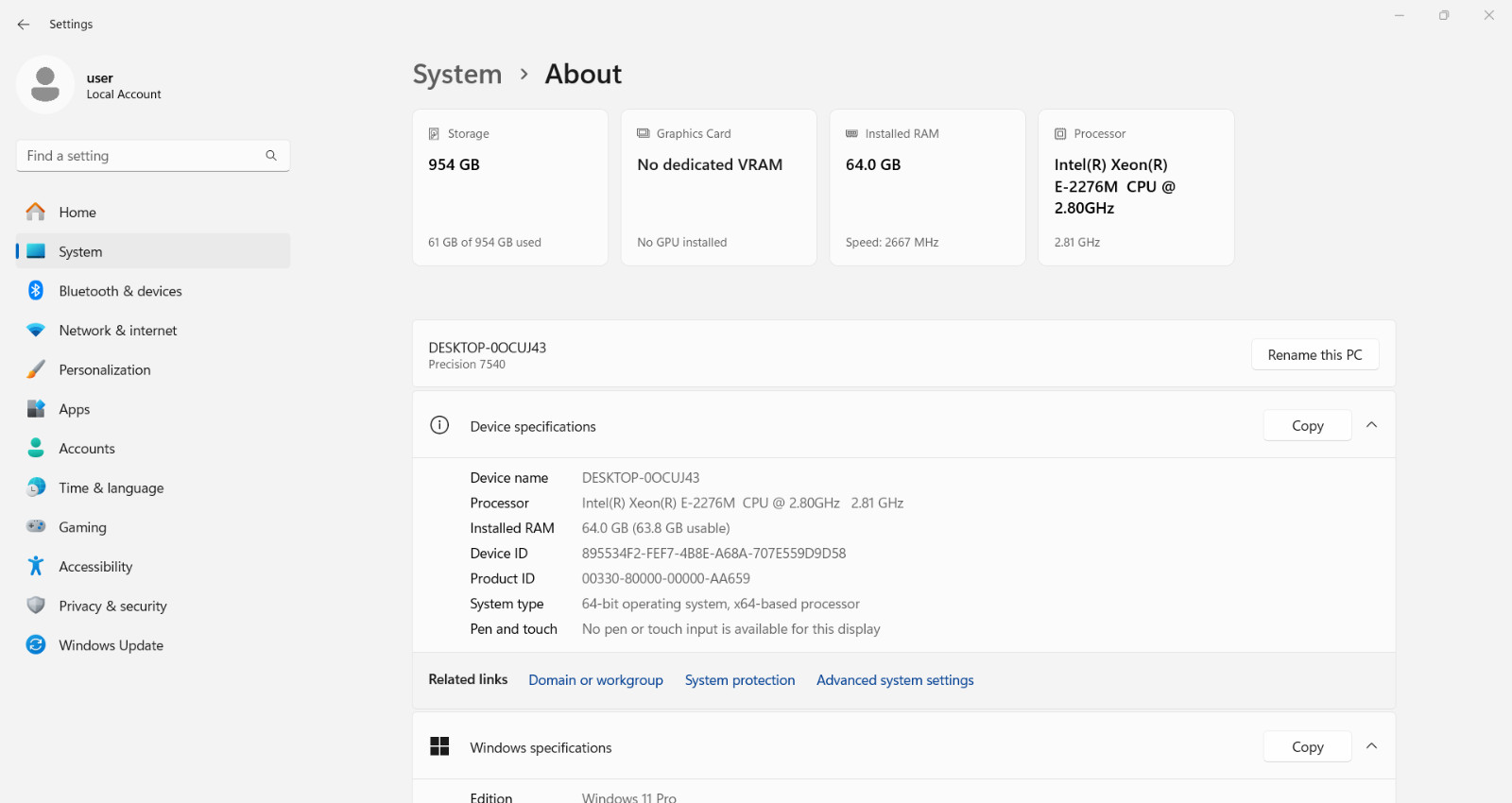 Dell Precision 7540 NVIDIA Q. RTX 3000 6GB 2.8GHz Intel Xeon E-2276M 64GB 1TB