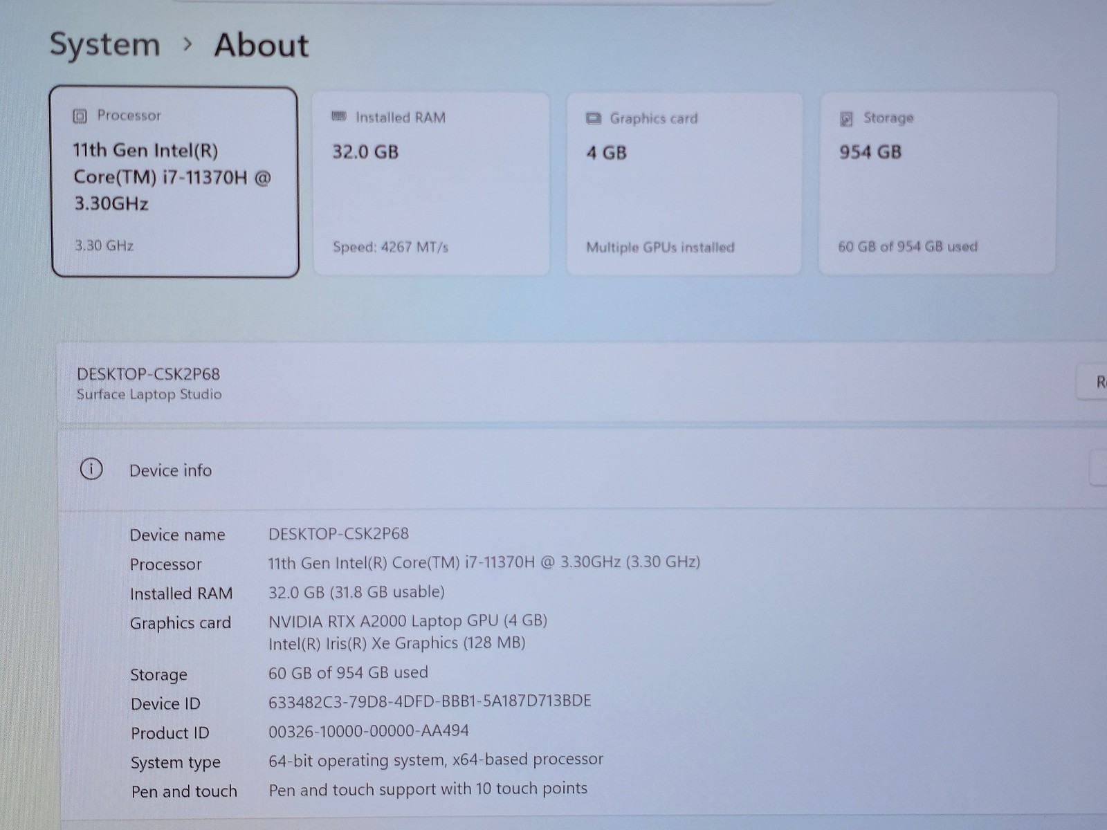 Surface Laptop Studio 1964 Core i7-11370H 32GB RAM 1TB SSD 14.4″ A2000 GPU 4 GB