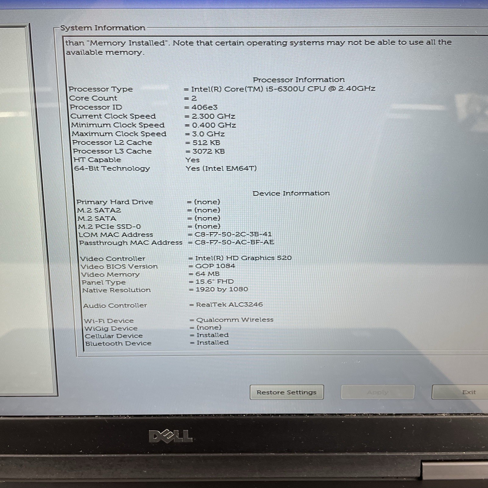 Dell Latitude 5580 15.6″ i5-6300U 2.40 GHz 8 GB RAM No SSD No OS No AC