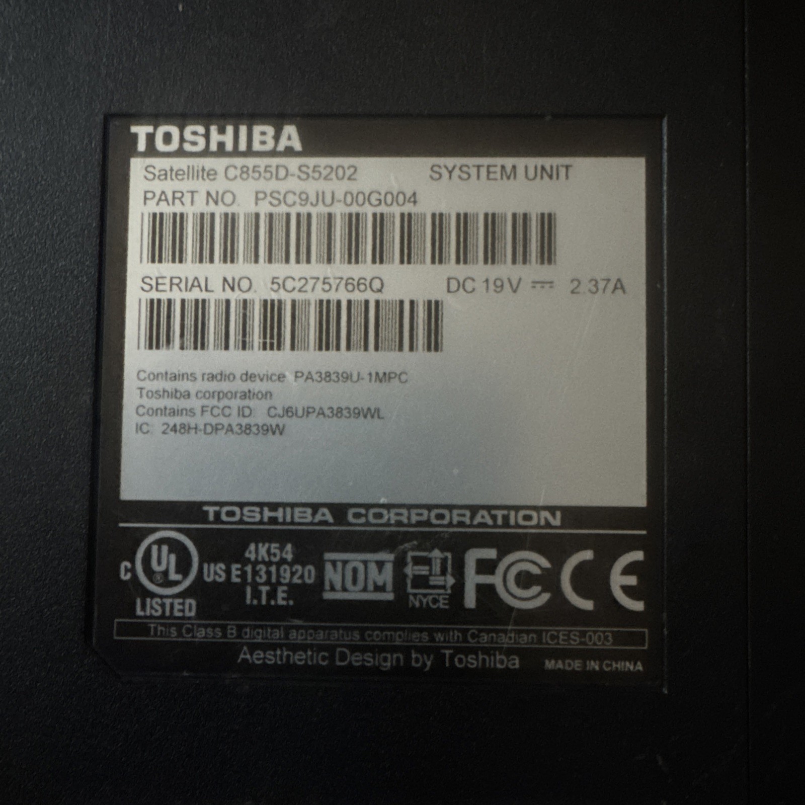 Toshiba Laptop Windows 7 Satellite – FOR PARTS NOT WORKING