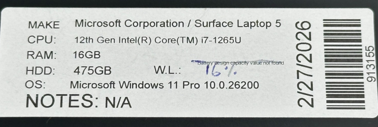 MICROSOFT SURFACE 5 LAPTOP i7-1265u @ 2.70 GHZ 16GB RAM 475 GB SSD (lp671)