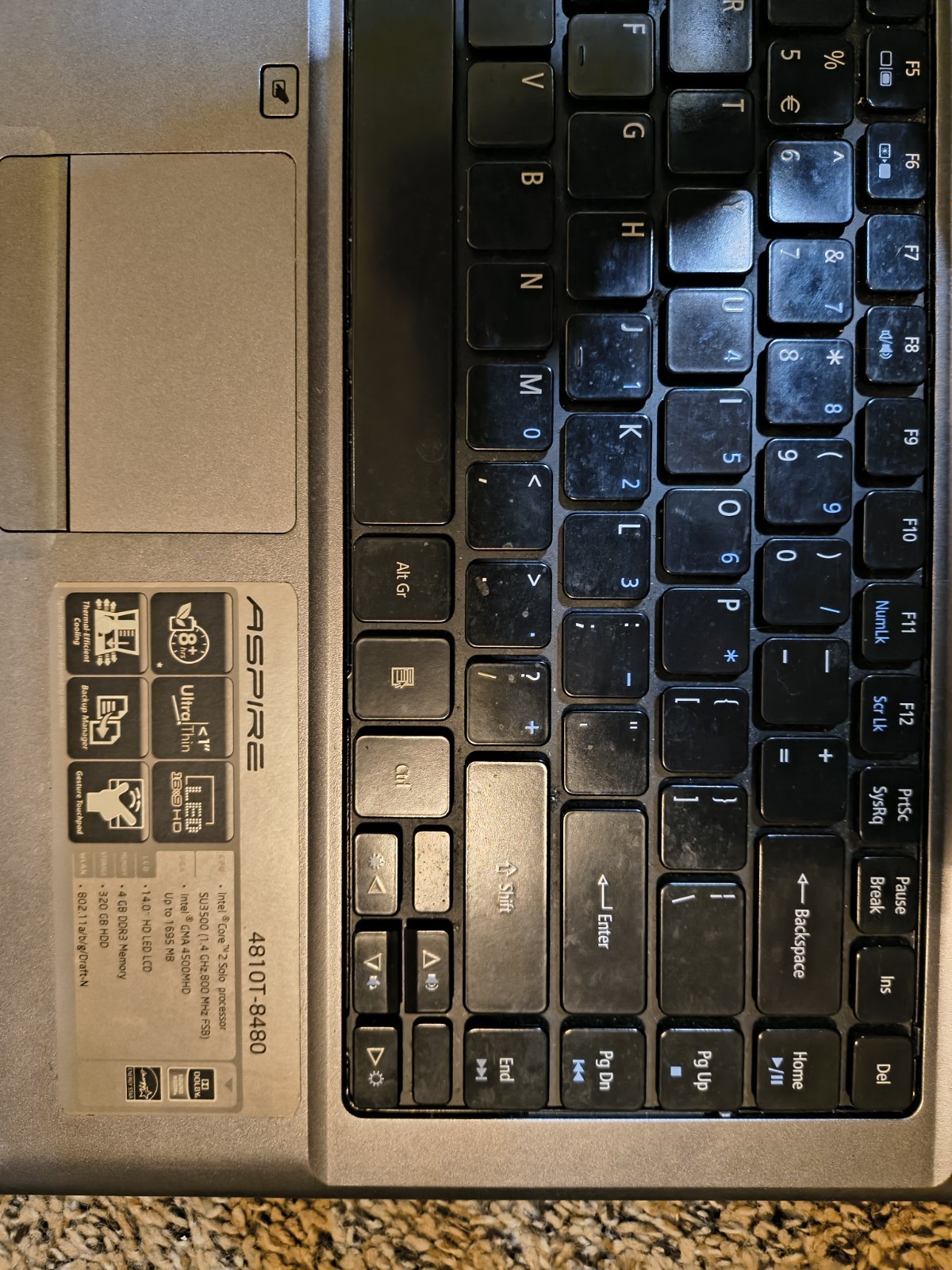 Acer Aspire 4810T Intel Core 2 Solo U3500 1.4GHz 4 GB 160GB Windows 10
