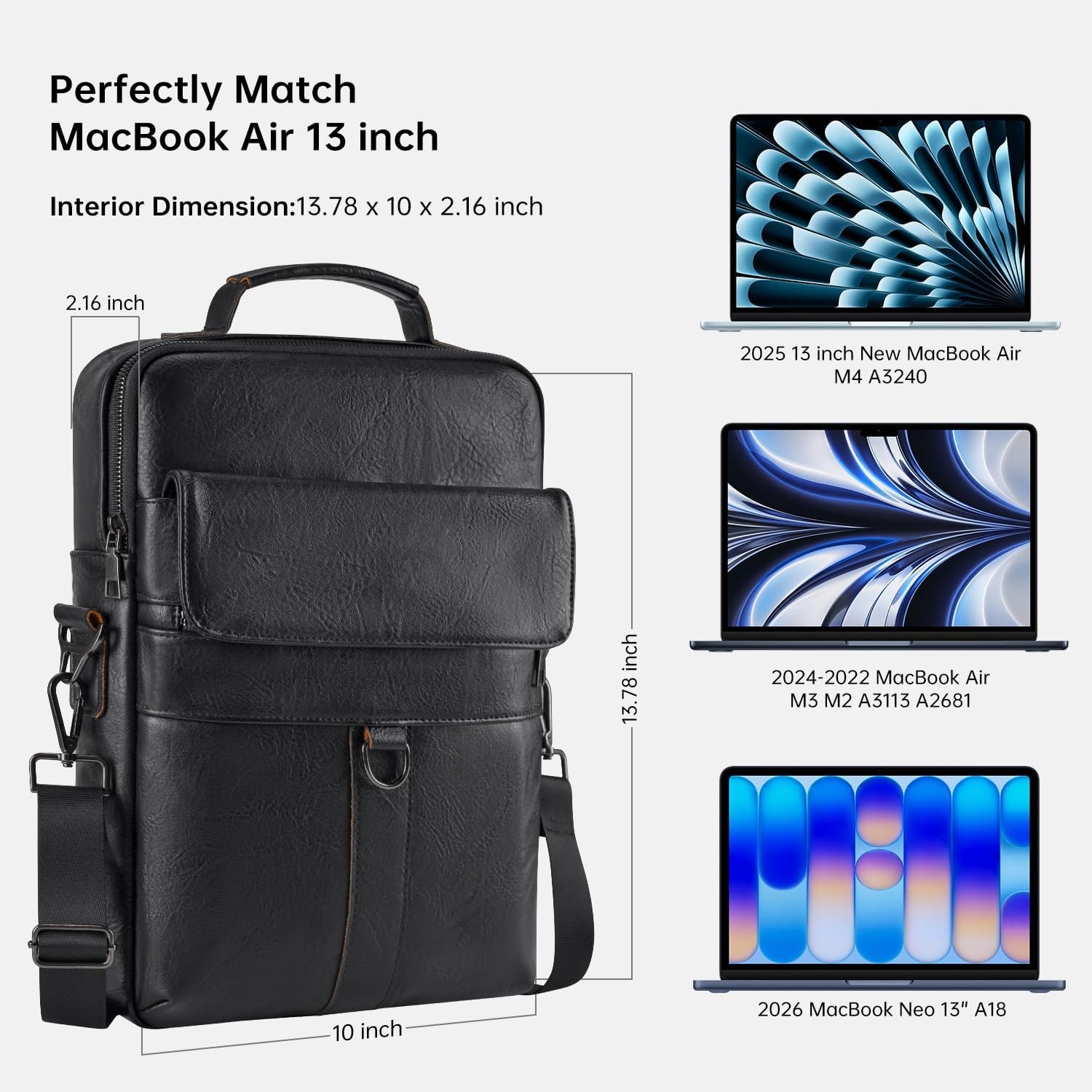 Leather Sleeve for 13 Inch MacBook Air 2026-2022, Protective Travel Case, Black