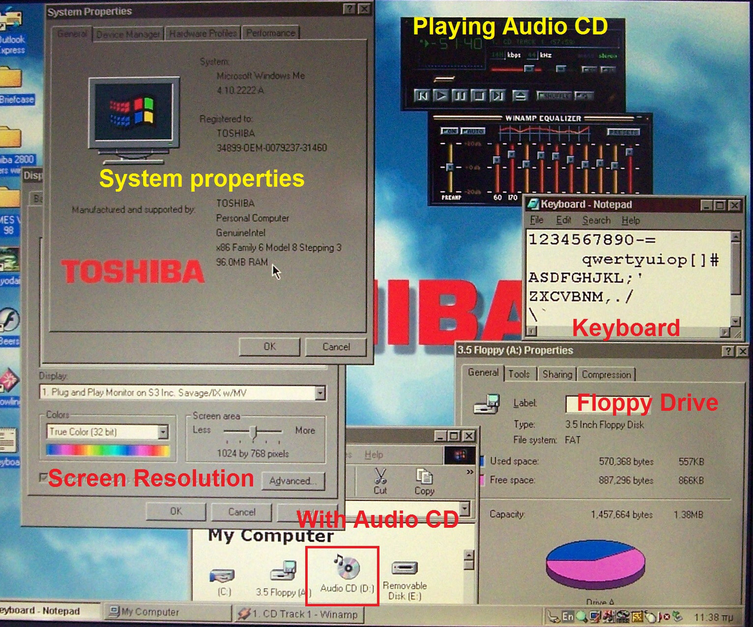 Win 98 Toshiba S-2800 Intel 650 MHz, 96MB, 4GB, Floppy, Parallel, Dos Νο cds ibm