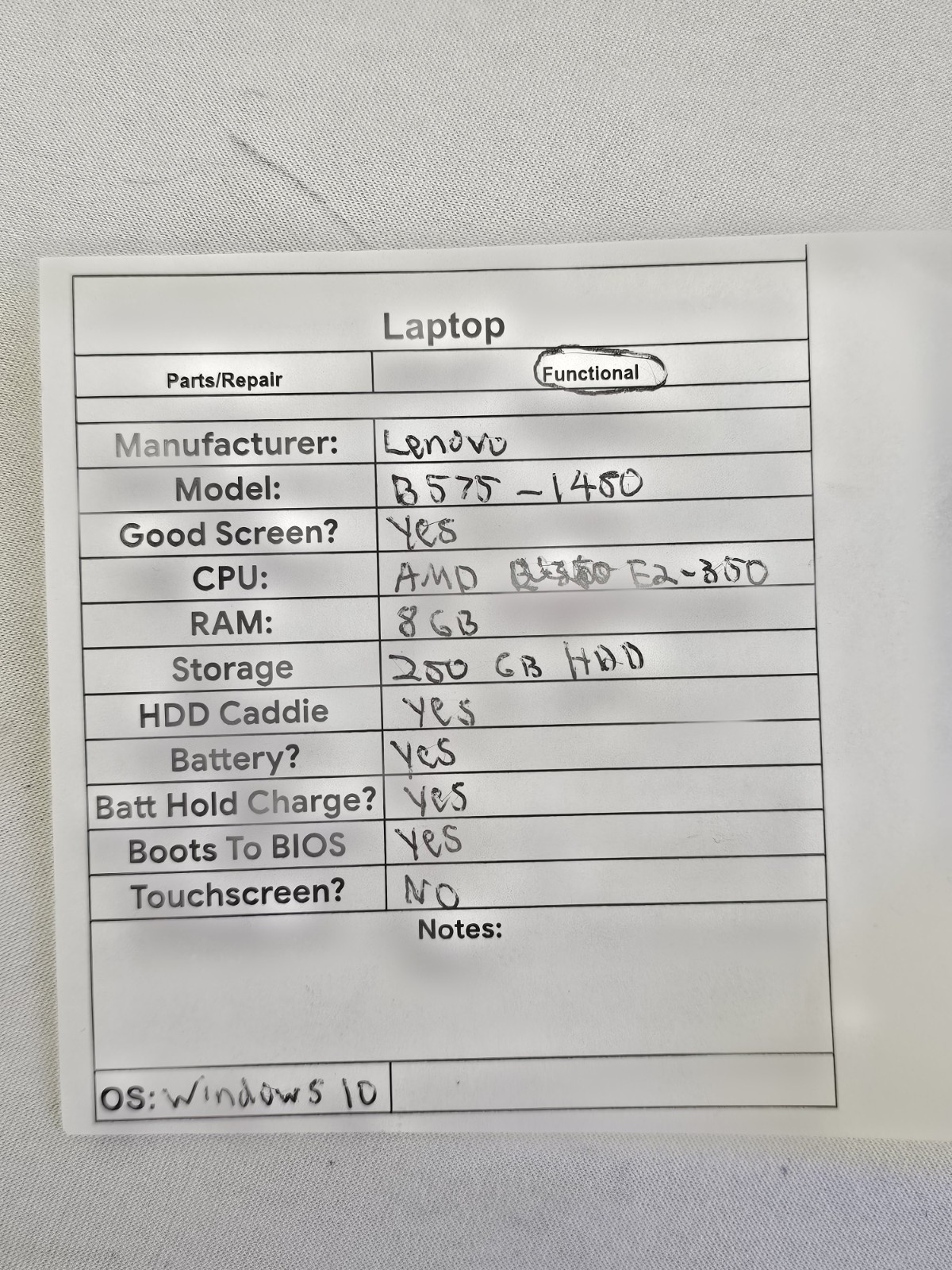 Lenovo B575 Laptop – AMD E2-350 – 8GB RAM – 250GB HDD – Windows 10