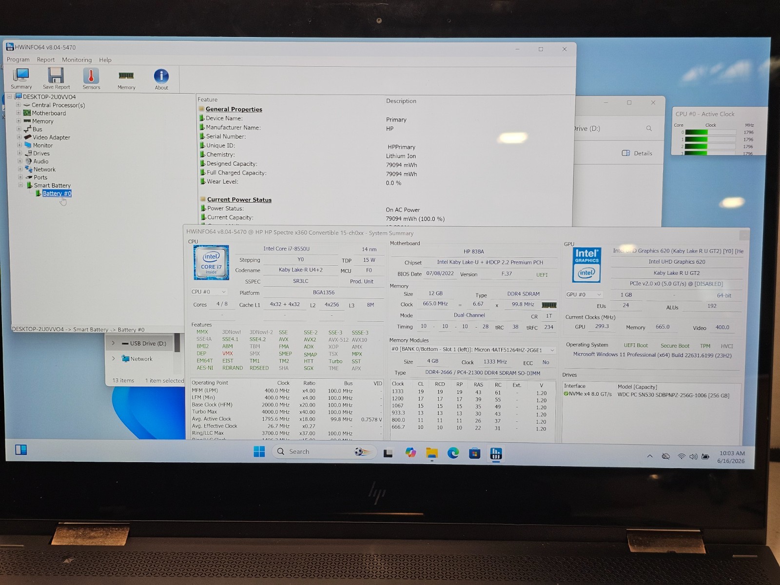 HP Spectre x360 15 NVIDIA MX150 i7-8550U 12GB RAM 256GB SSD Win 11 NO AC #04