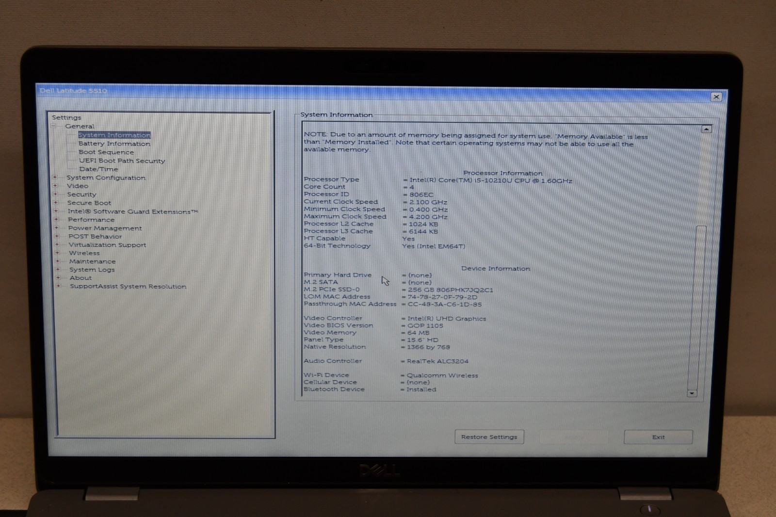 ^ Dell Latitude 5510 Intel i5-10210U @ 1.6GHz 8 GB Ram 256GB SSD No OS #X7266