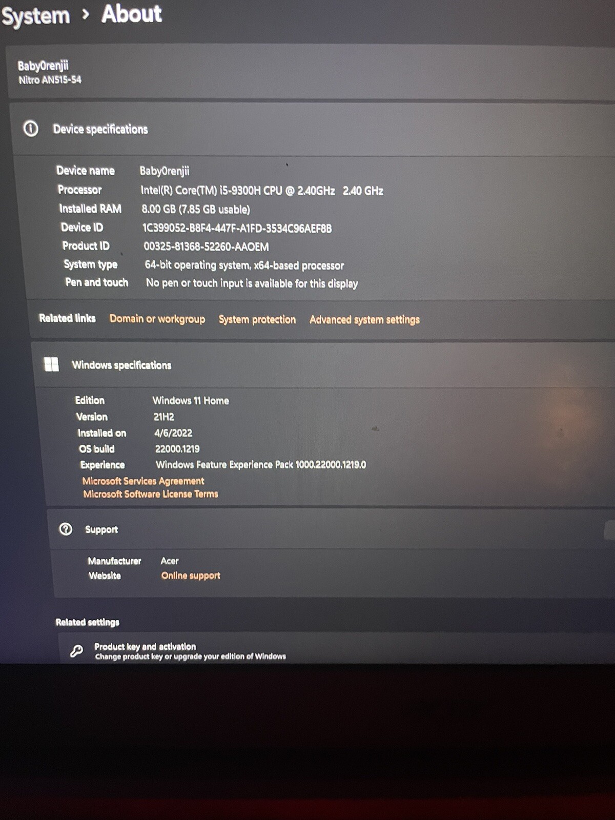 Acer Nitro 5 AN515-54 i5-9300H 2.40Ghz 8GB Ram 256GB SSD Nvidia GTX 1050