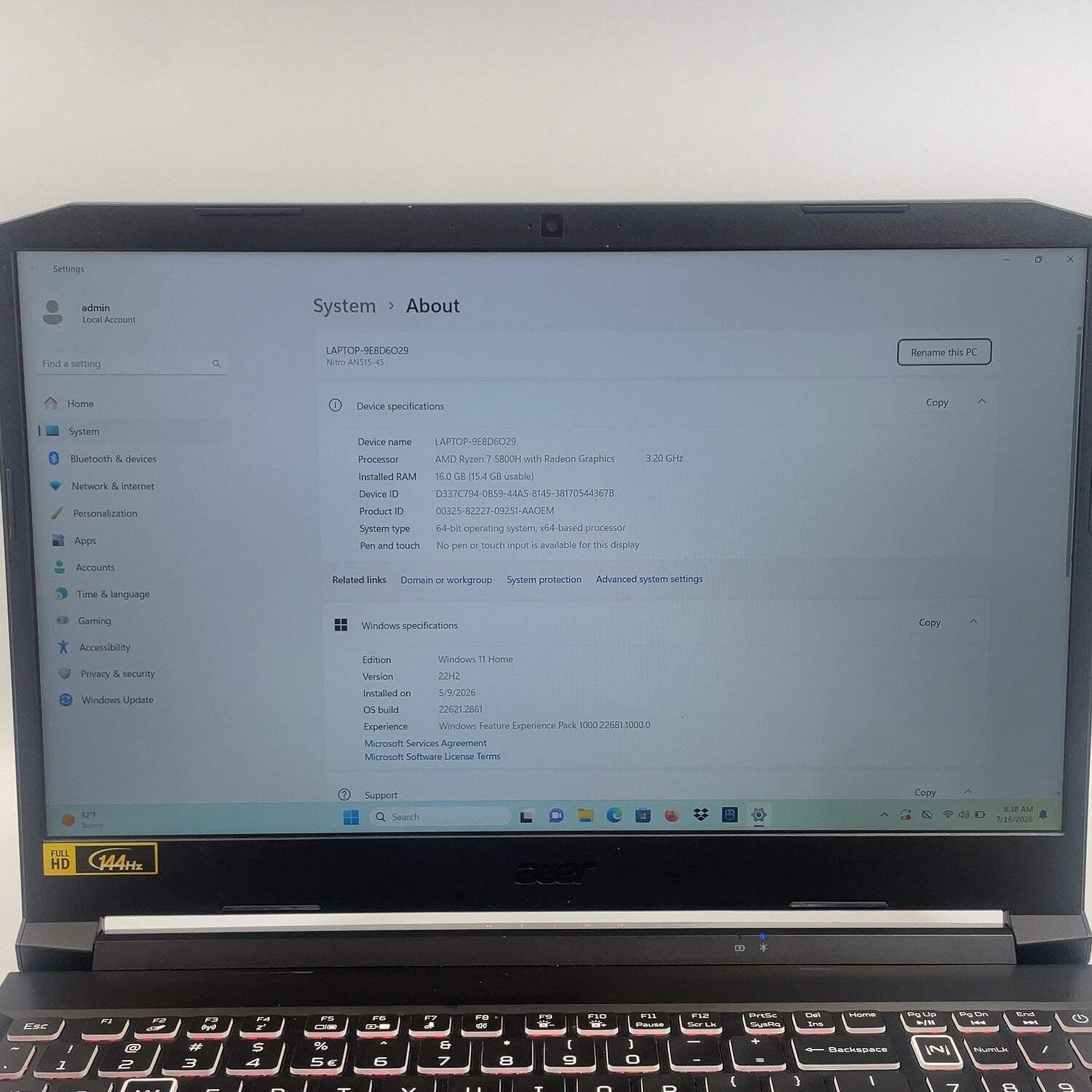 Acer Nitro 5 AN515-45 15.6″ Ryzen 7 5800H 3.2GHz 16GB 512GB SSD GeForce RTX 3060