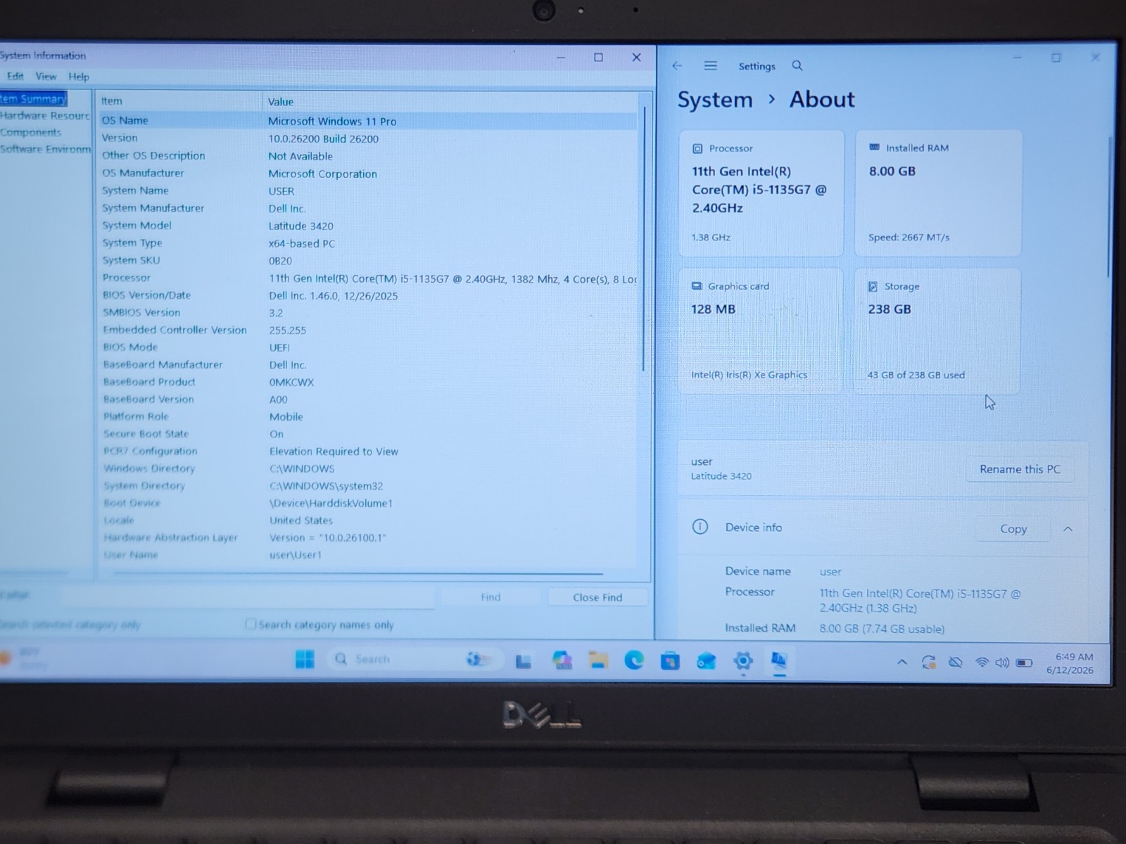 Dell Latitude 3420 14” Intel i5-1135G7 2.40GHz 8GB RAM 256GB SSD W11P *READ*