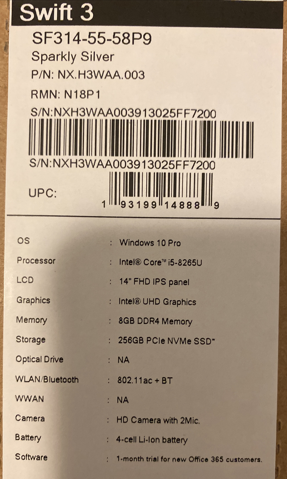NEW Acer Swift 3 SF314-55-58P9 14″ Notebook – 1920 x 1080 Core i5 i5-8265U 8 GB