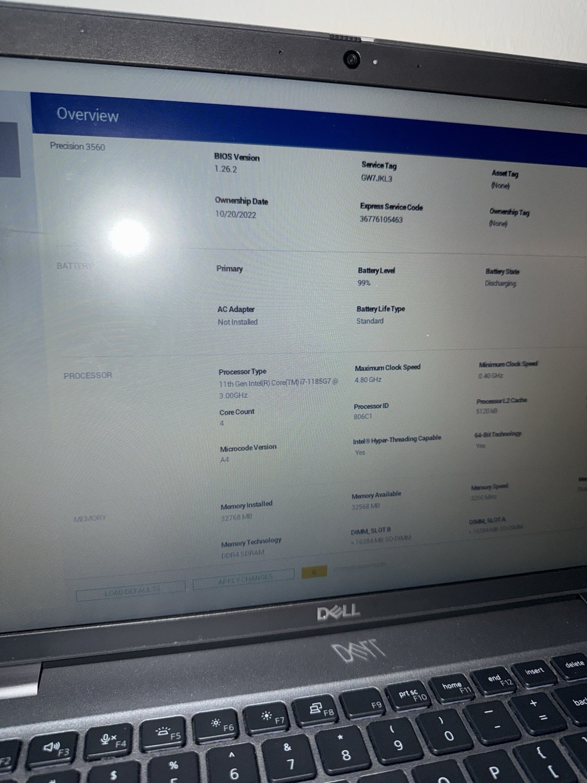 Dell Precision 3560 i7-1185G7 3ghz 32GB Ram 256GB SSD NVME 15.6″ Win11 GW7JKL3