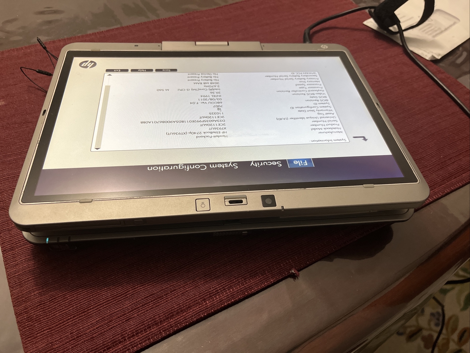 HP EliteBook 2740p Tablet Laptop For Parts Boots to BIOS NO HDD/Battery/RAM JR