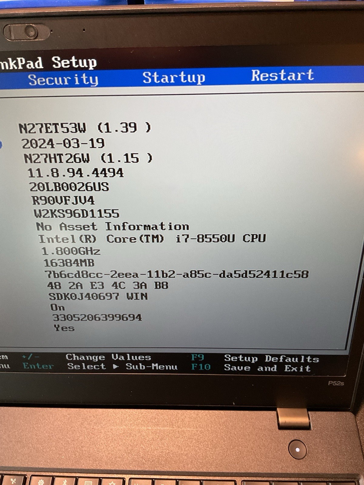 Lenovo Thinkpad P52s i7-8550u 16gb Ram No SSD #600