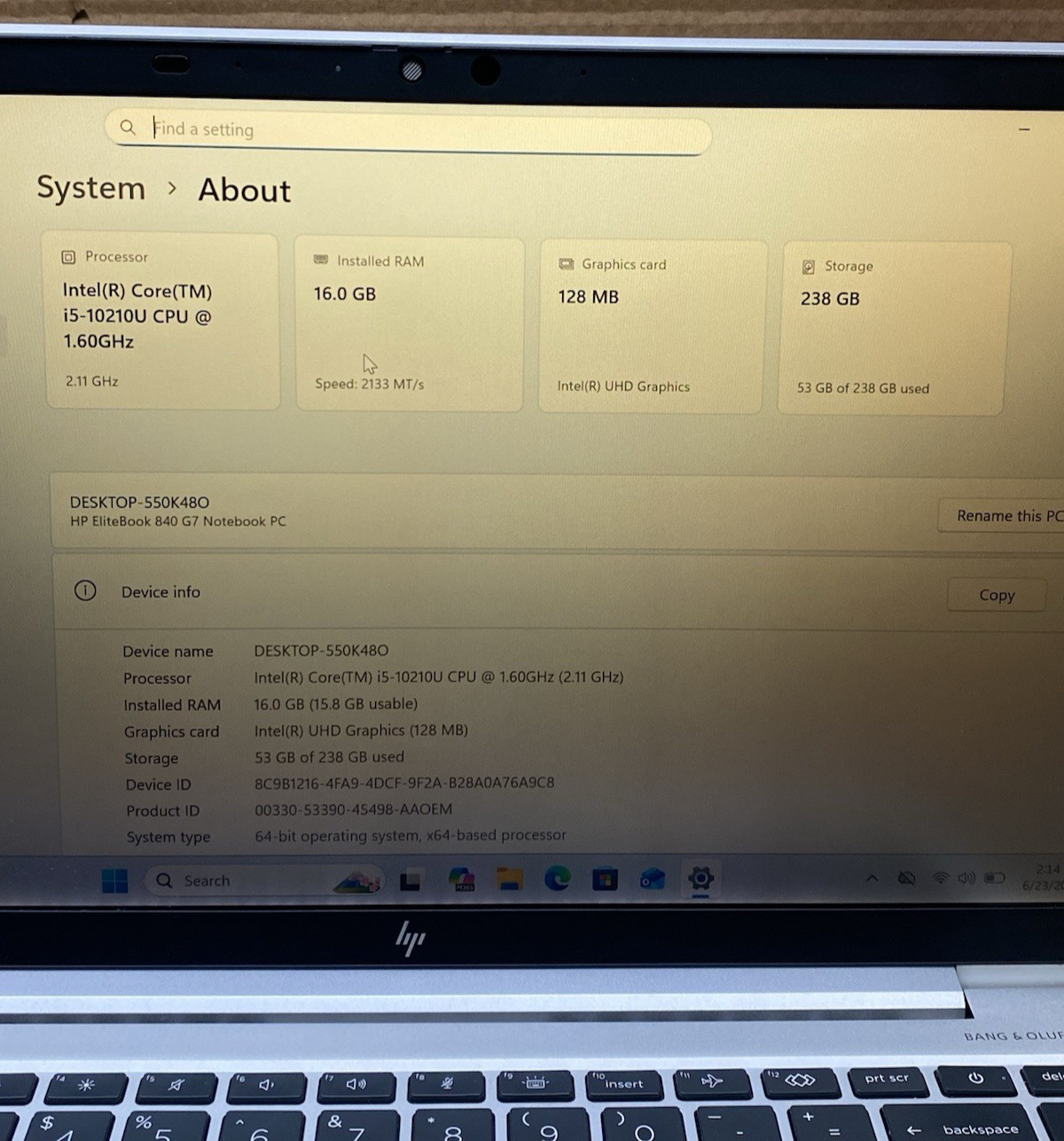 HP EliteBook 840 G7 Core i5-10210U @ 1.60GHz 16GB RAM 256GB SSD Windows 11 Pro