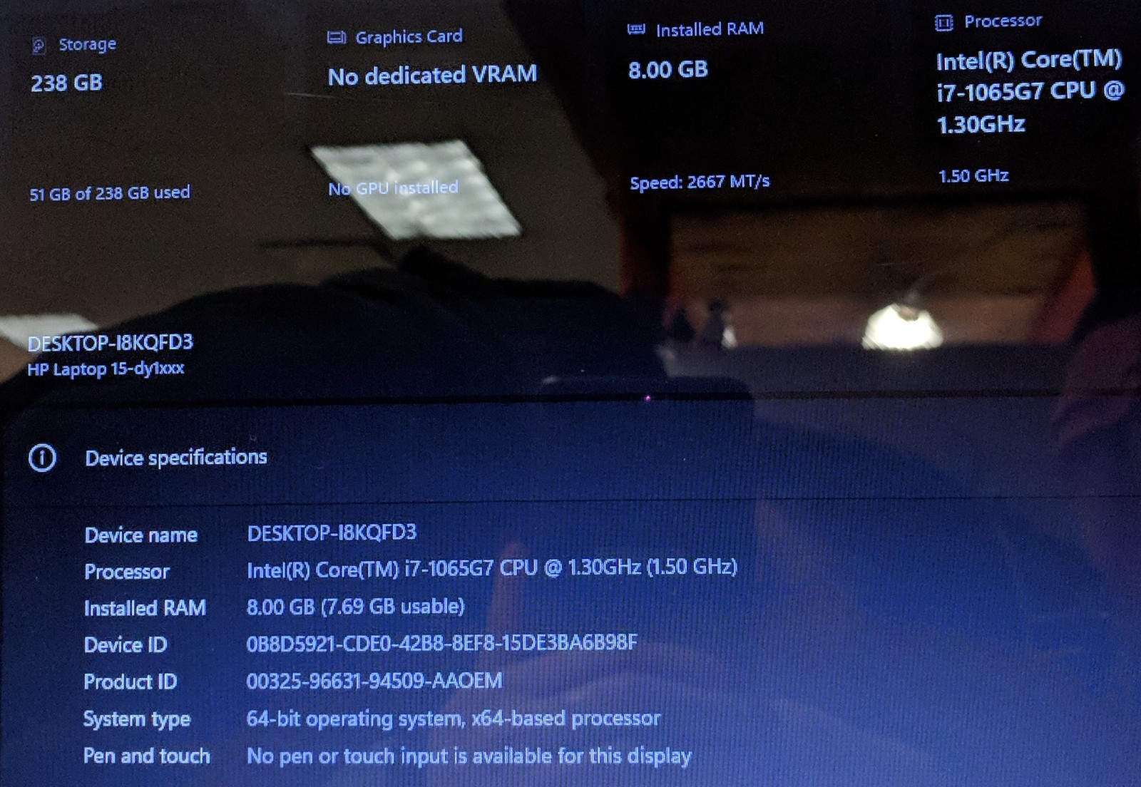 HP 15-DY1027OD I7-1065G7@1.3GHZ, 8GB, 256GB