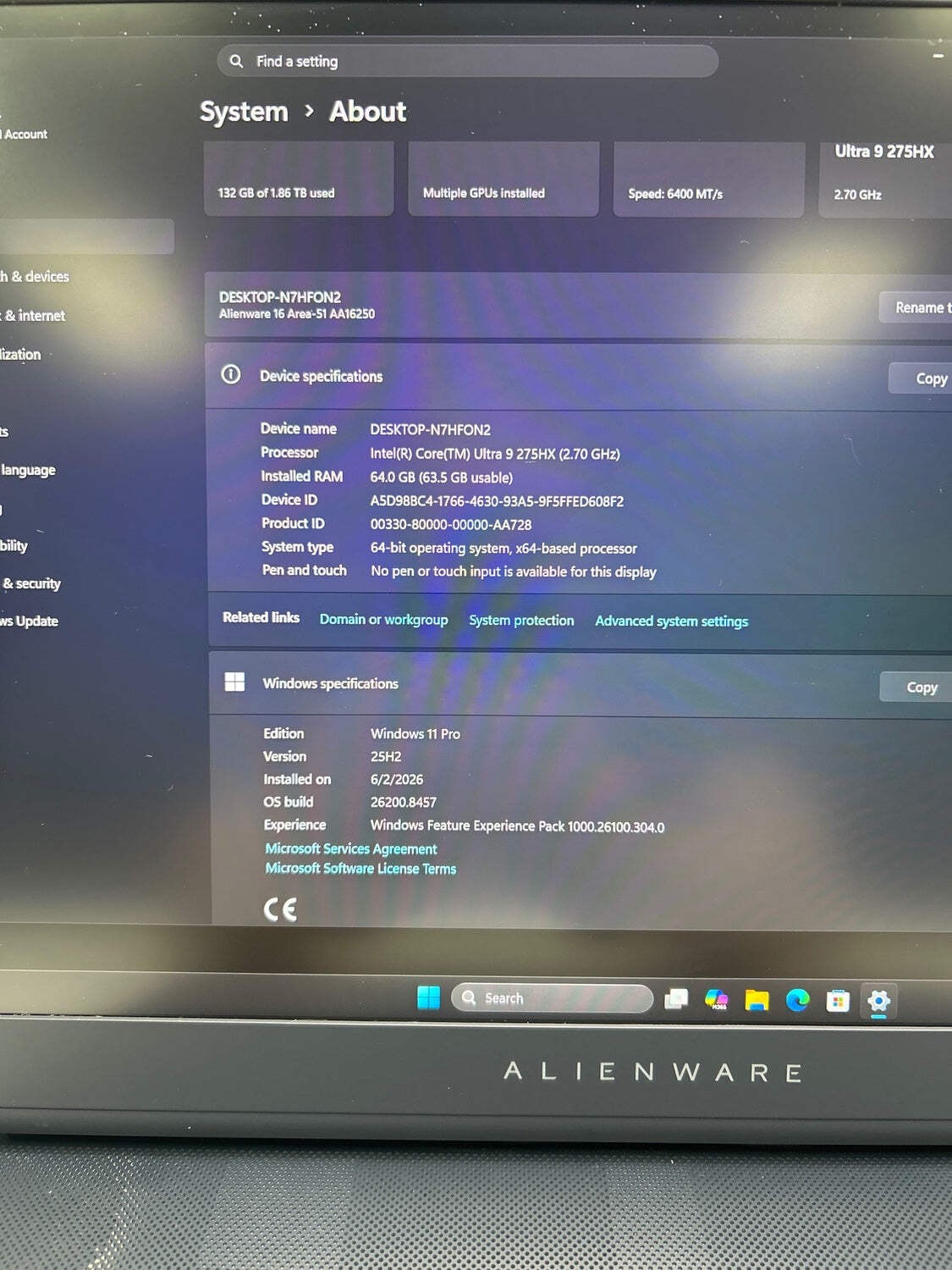 Alienware 16 AREA 51 16″ Ultra 9 275HX 2.7GHz 64GB RAM 2TB SSD GeForce RTX 5080