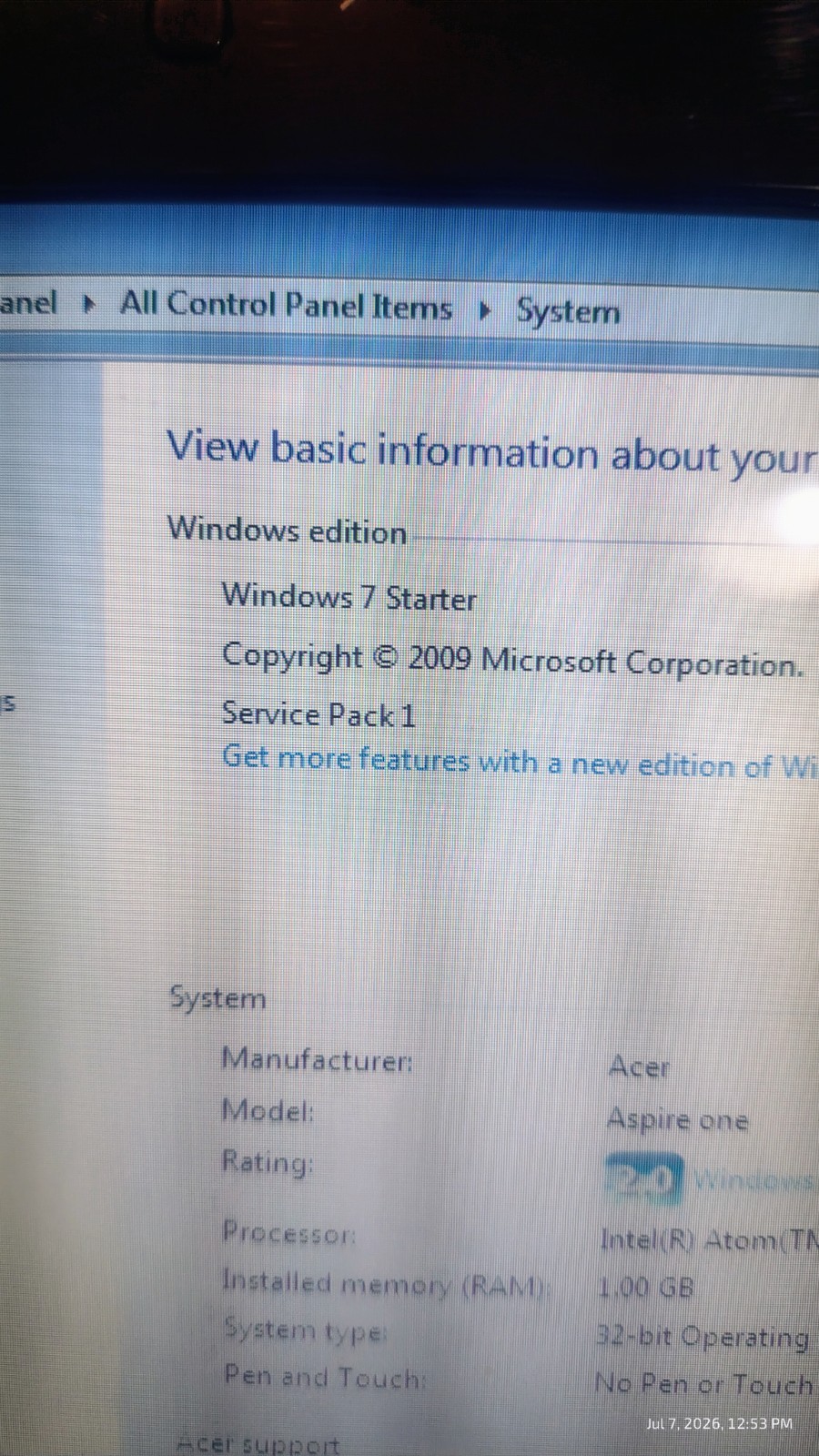 Acer Aspire One KAV60 10″ Netbook White 1.66GHz 220GB HDD Win 7 1gb Ram