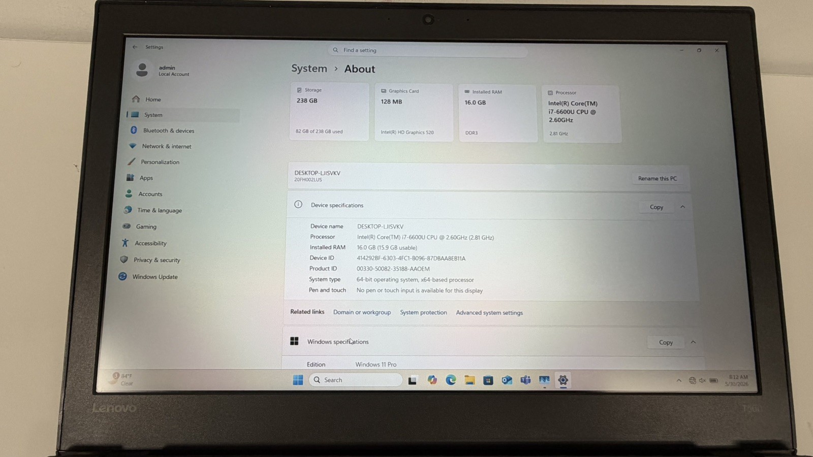 Lenovo ThinkPad T560 i7-6600U 16GB RAM 256GB SSD 15.6″ FHD Windows 11 Pro