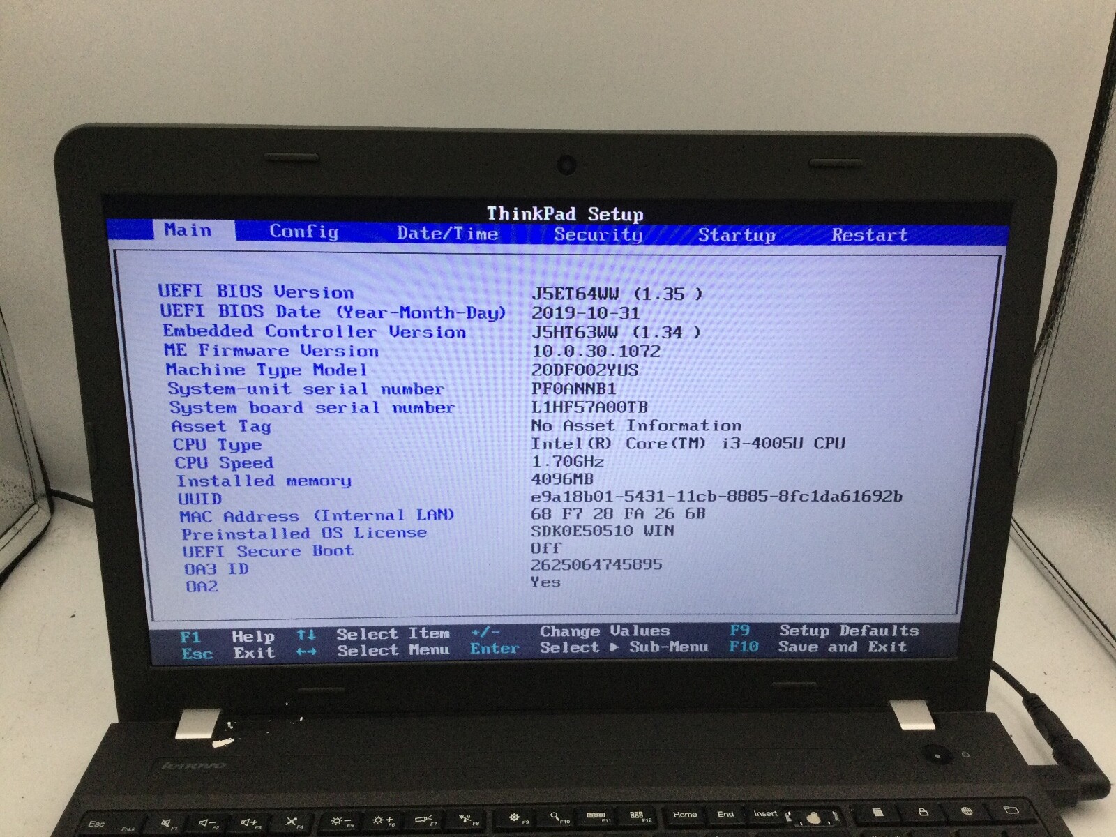 LENOVO THINKPAD E550 – BOOTS TO BIOS – INTEL I3 4005 – 4GB RAM – 15″ – READ – BB