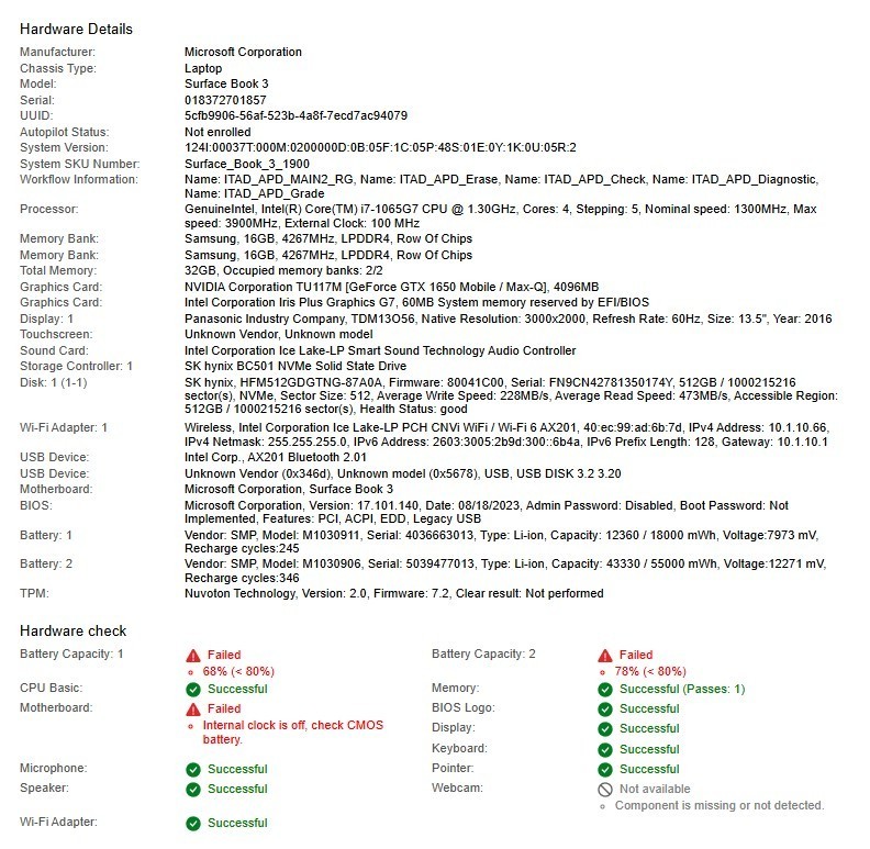 Microsoft Surface Book 3, Core i7-1065G7, 1.30GHz, 32GB, 512GB NVMe-No HDD/OS/AC