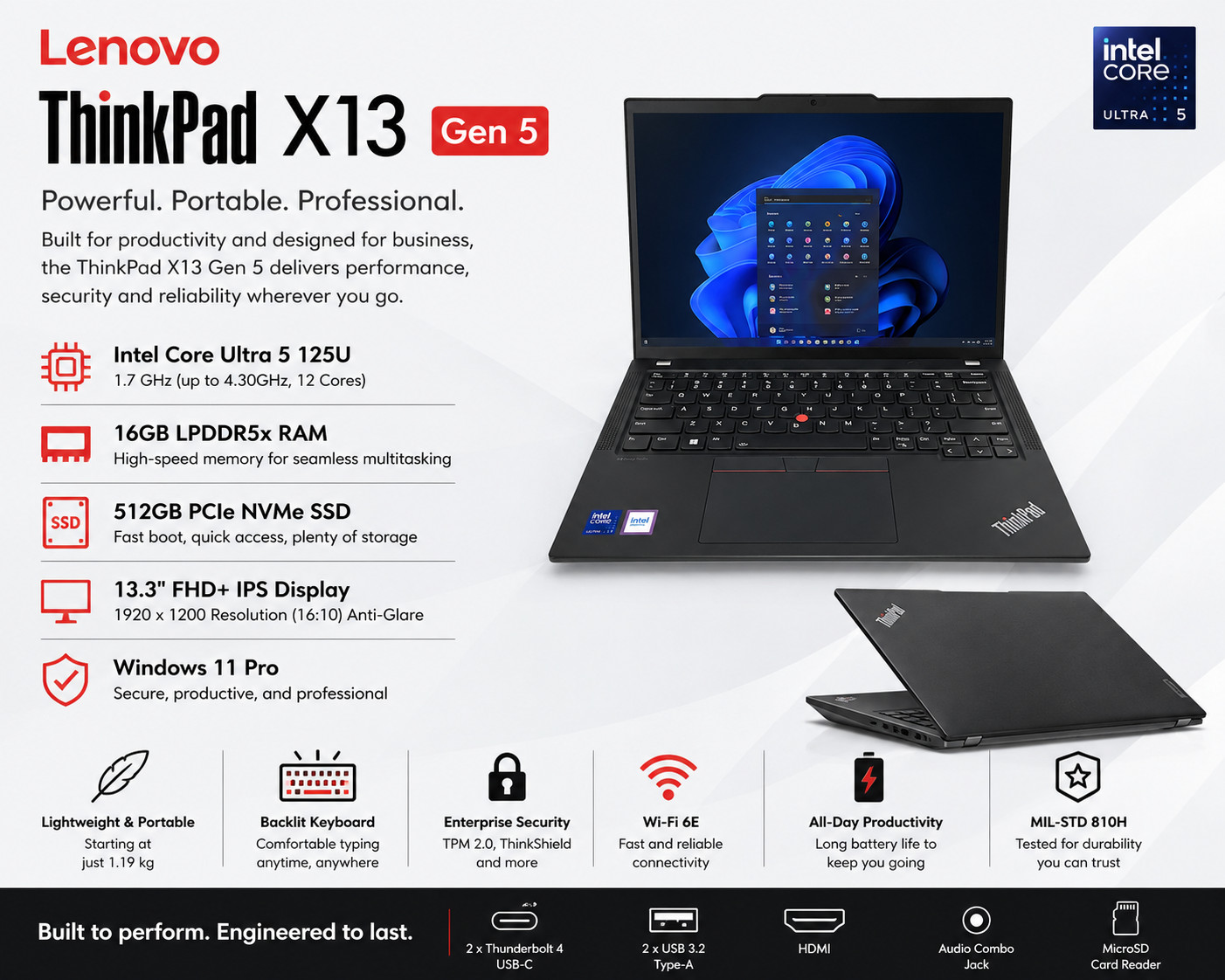 Lenovo ThinkPad X13 Gen 5 13.3″ FHD+ Ultra 5 125U 16GB RAM 512GB SSD Win11 Pro