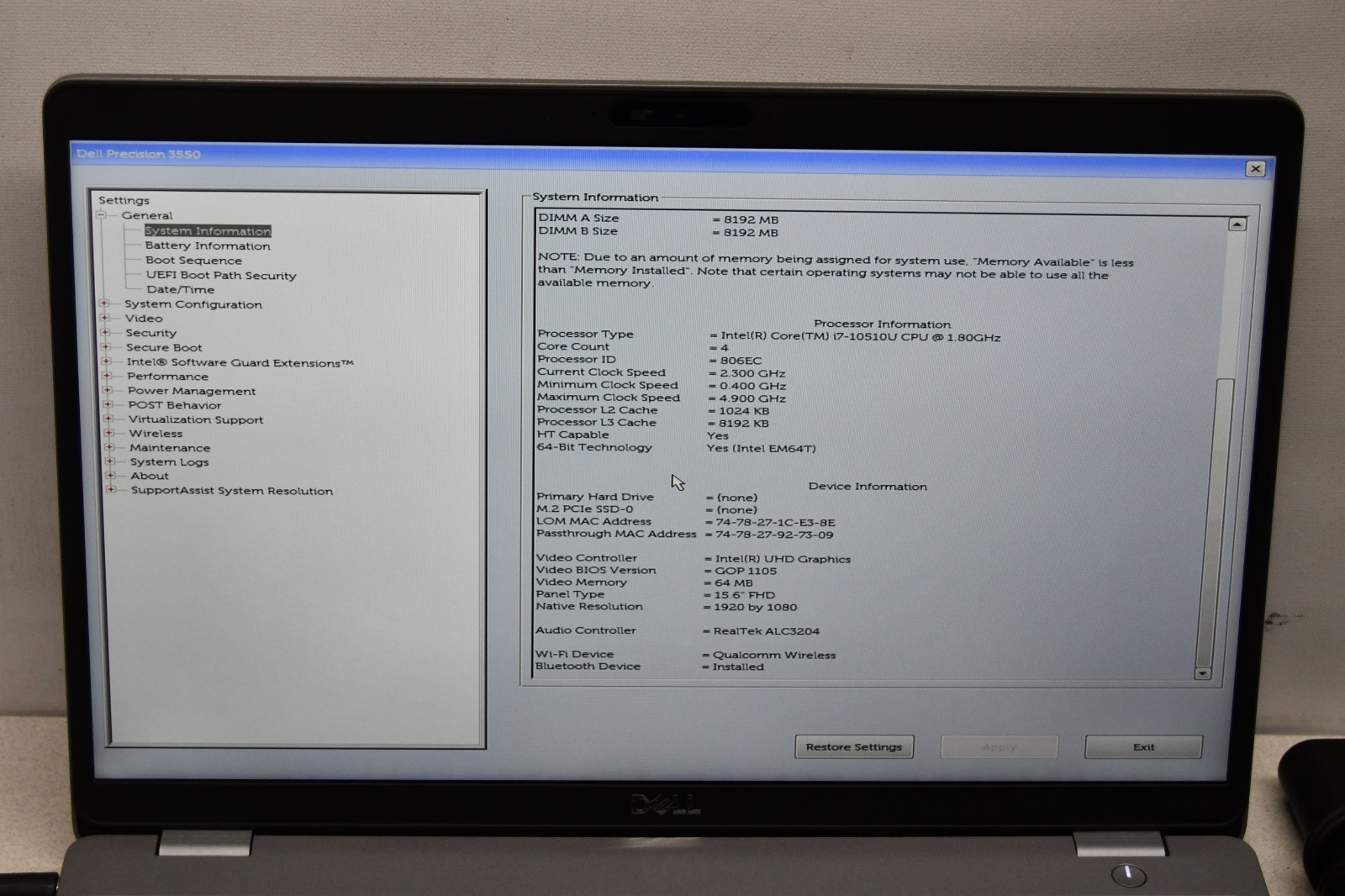 ^ Dell Precision 3550 15.6″ Intel i7-10510U @ 1.80GHz 16GB Ram No HD #X7003