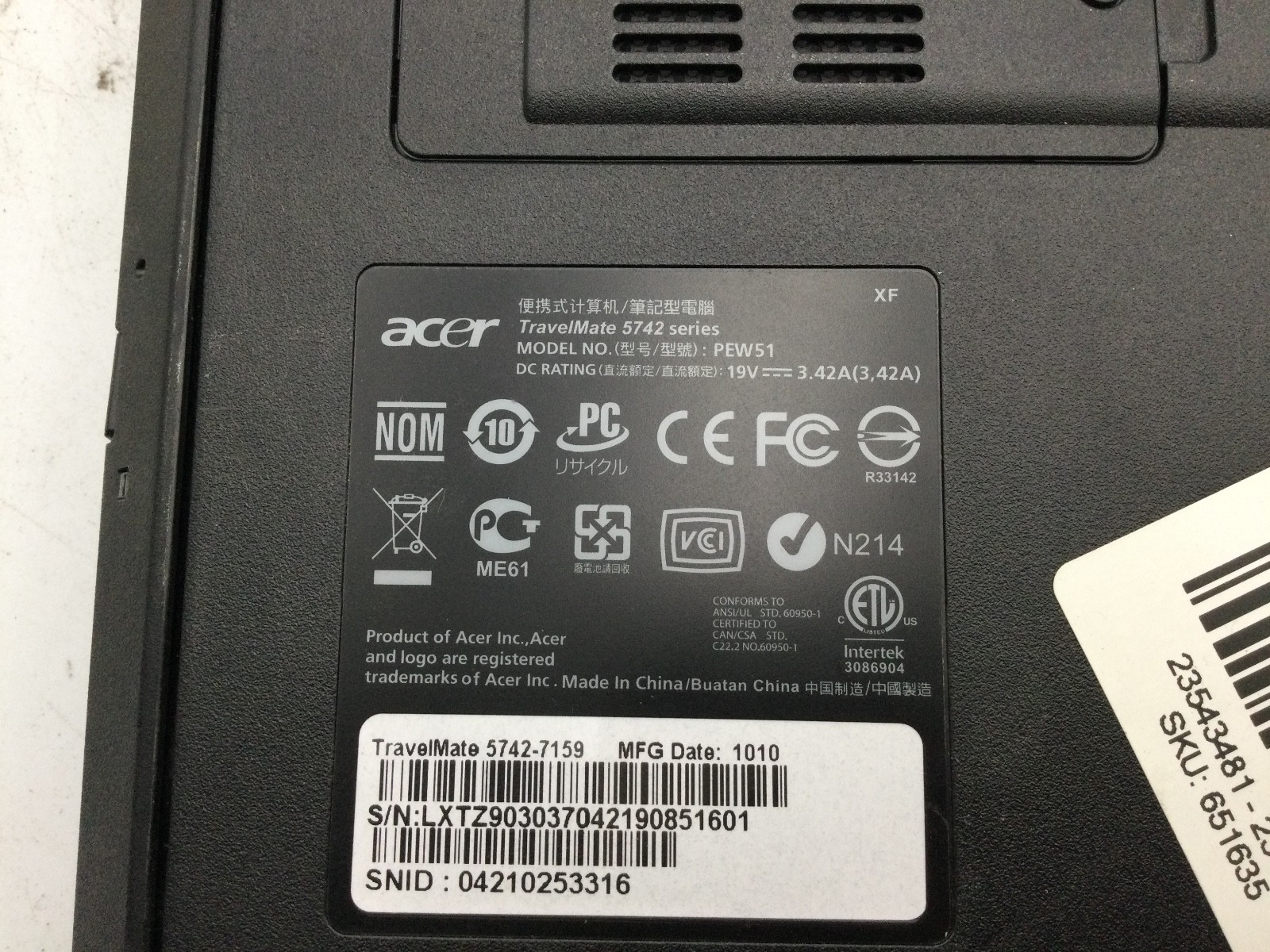 ACER TRAVELMATE 5742 – BOOTS TO BIOS – INTEL I3 M380 – NO RAM – READ DESCRIP-BB