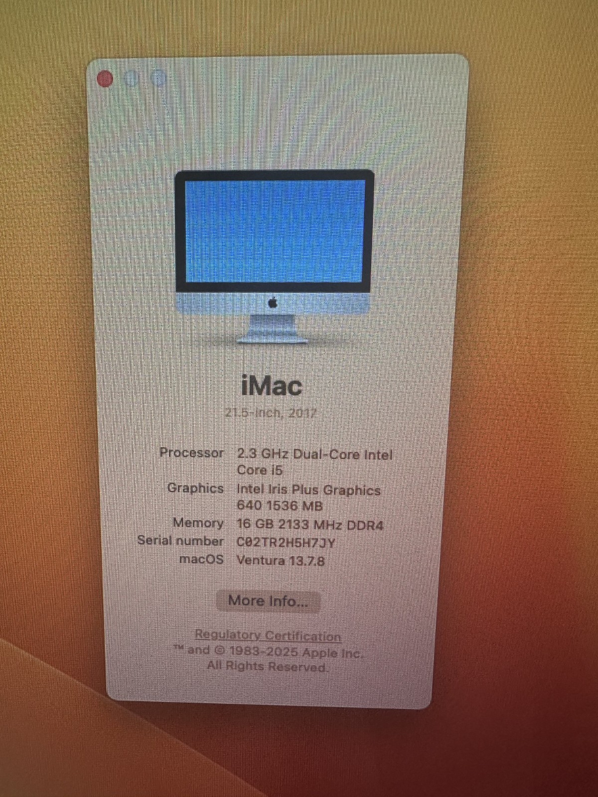 Apple iMac 21.5” i5 2.30GHz A1418 16GB 1TB HDD Iris Plus Graph 640 MacOS Ventura