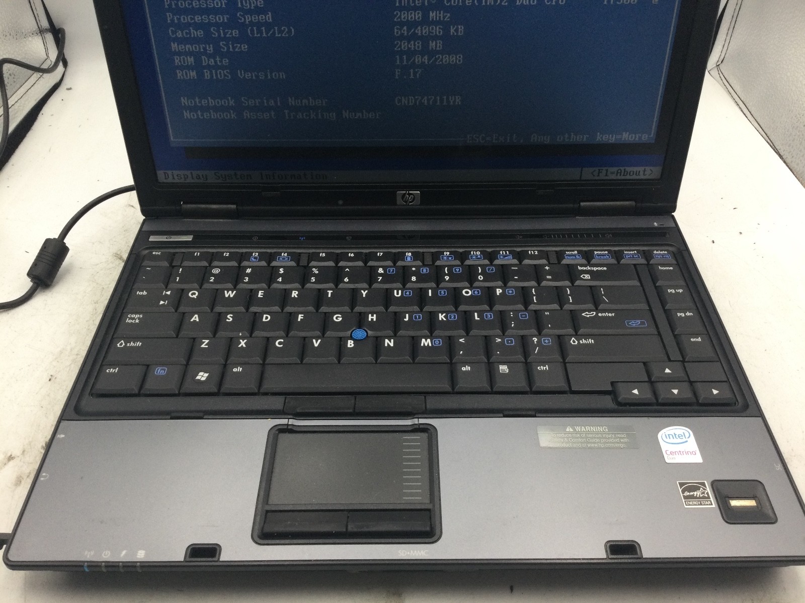 HP COMPAQ 6910P – BOOTS TO BIOS – INTEL CORE 2 DUO – NO RAM – READ DESCRIP – BB