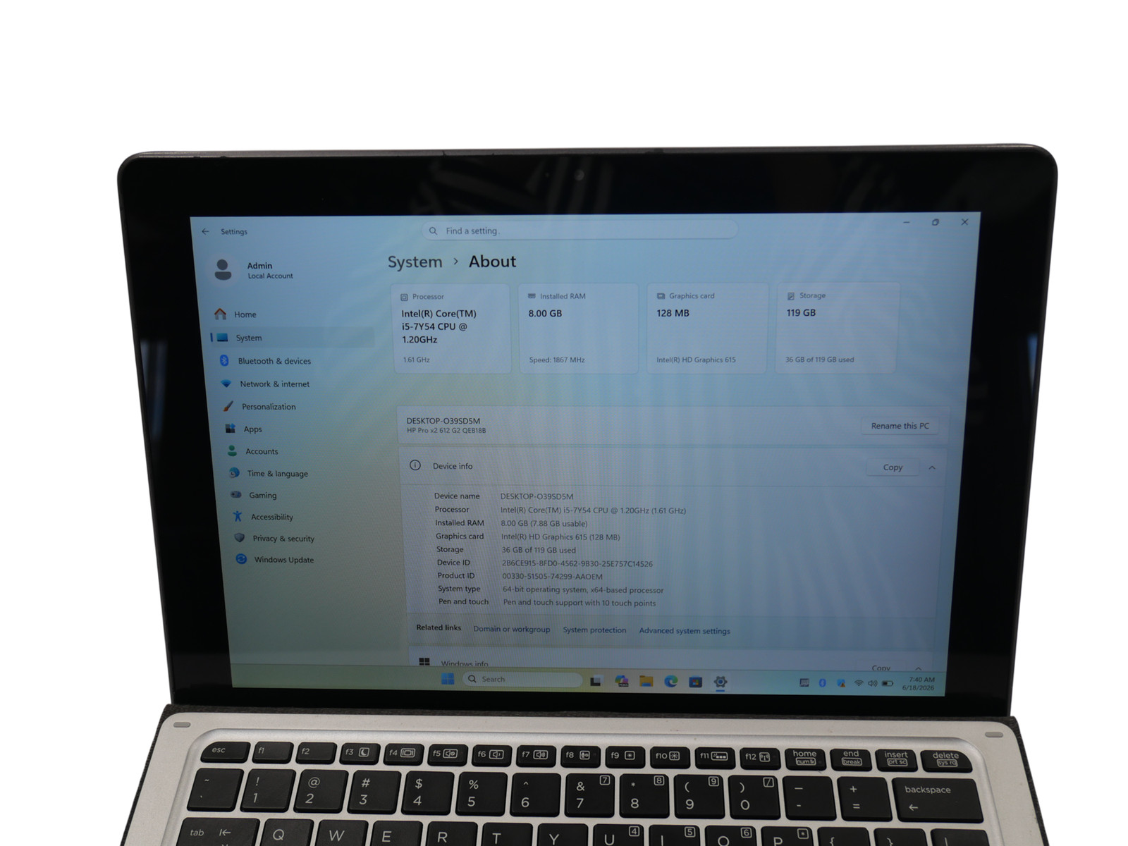 HP Pro X2 612 G2 Core i5-7Y54 1.20GHz 8GB 128GB Touch Screen Tablet