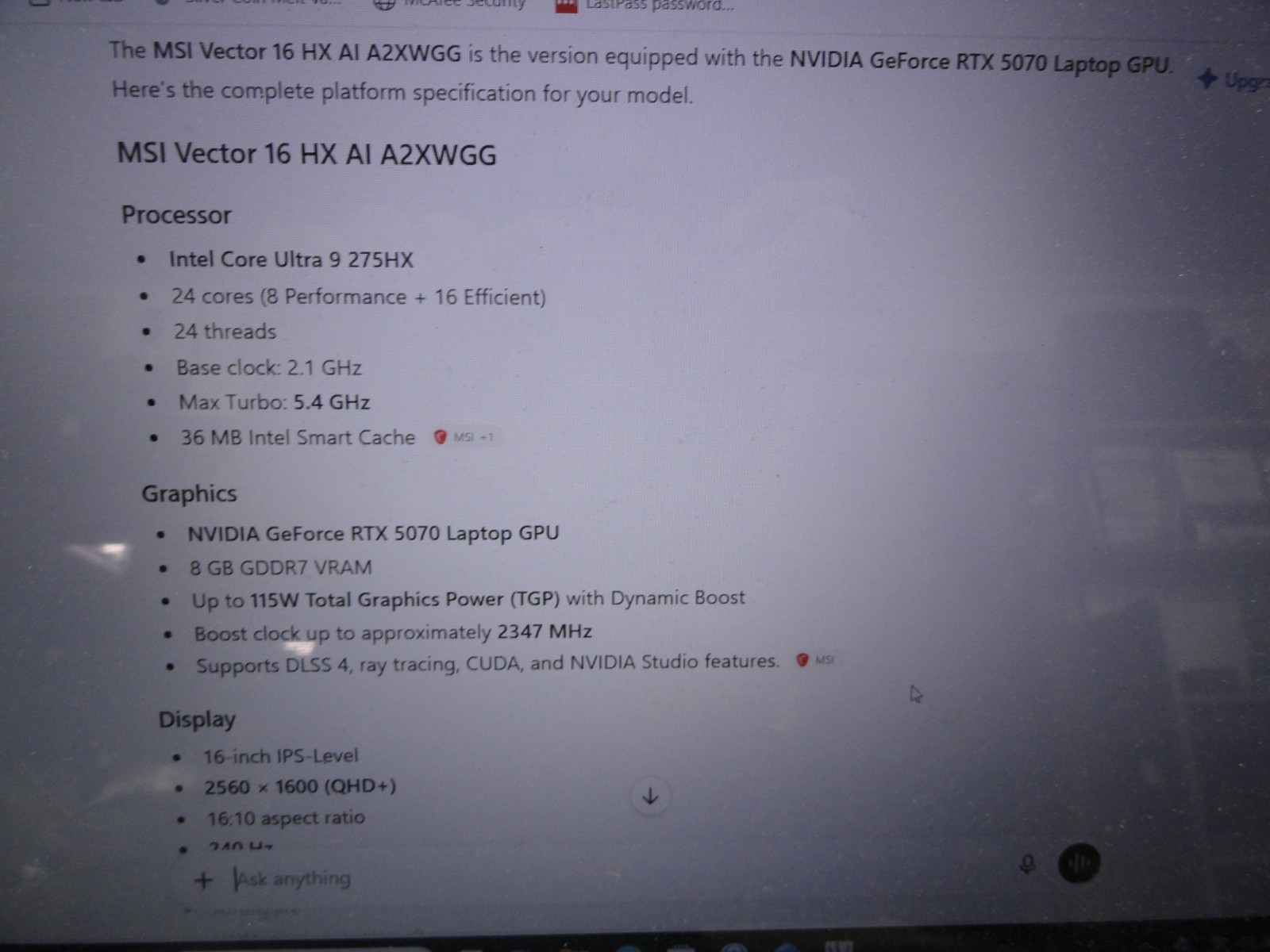 MSI VECTOR 16 HX AI A2XW / Core Ultra 9 / 32GB RAM / 1TB SSD – PRISTINE!
